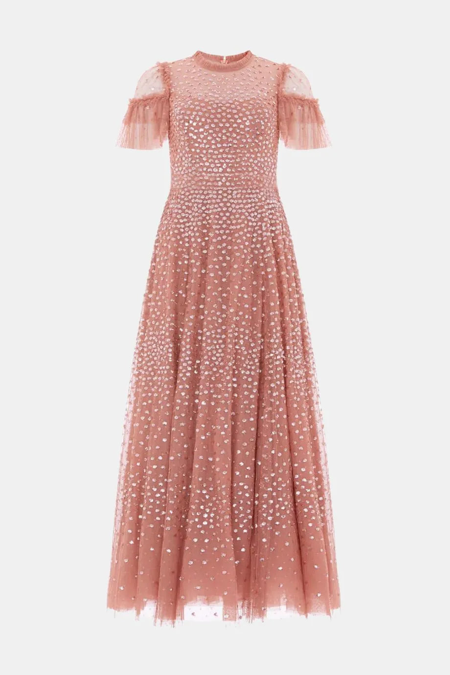 Scatter Dot Round Neck Short Sleeves Evening Dress in Pink