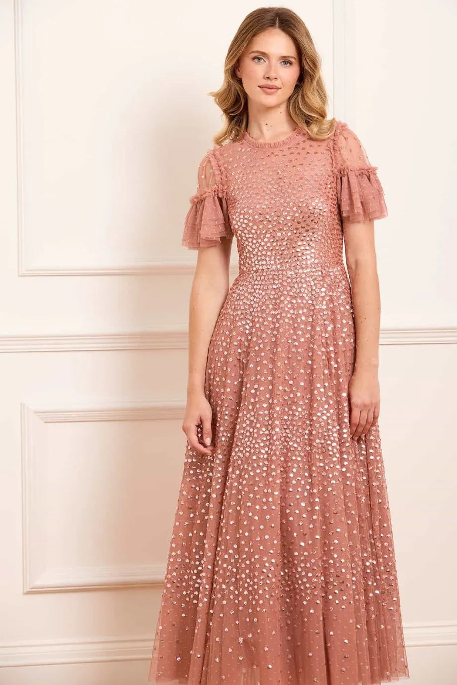 Scatter Dot Round Neck Short Sleeves Evening Dress in Pink