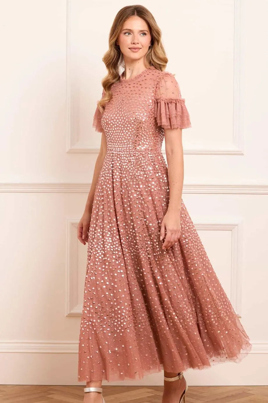 Scatter Dot Round Neck Short Sleeves Evening Dress in Pink