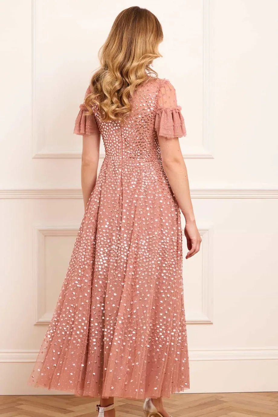 Scatter Dot Round Neck Short Sleeves Evening Dress in Pink