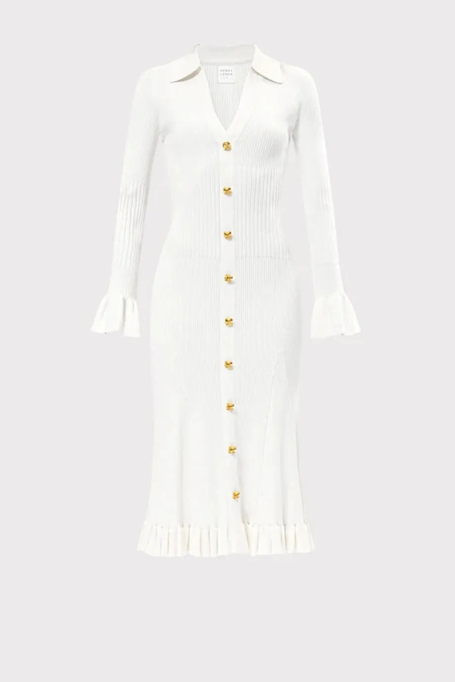 فستان ميدي هالي محبوك بأكمام طويلة وياقة V باللون الكريمي