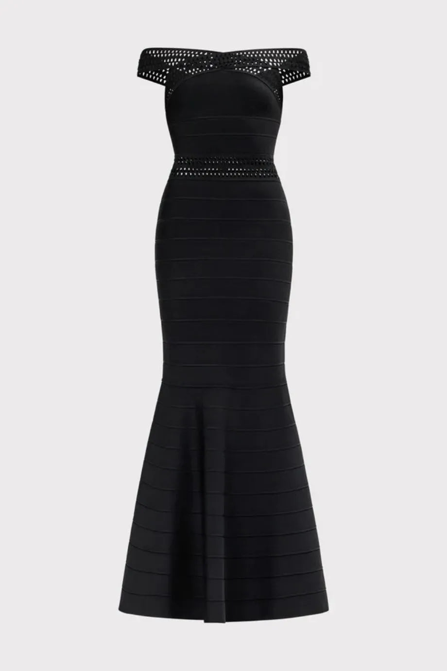 فستان ماكسي أوكتافيا محبوك مكشوف الكتفين باللون الأسود