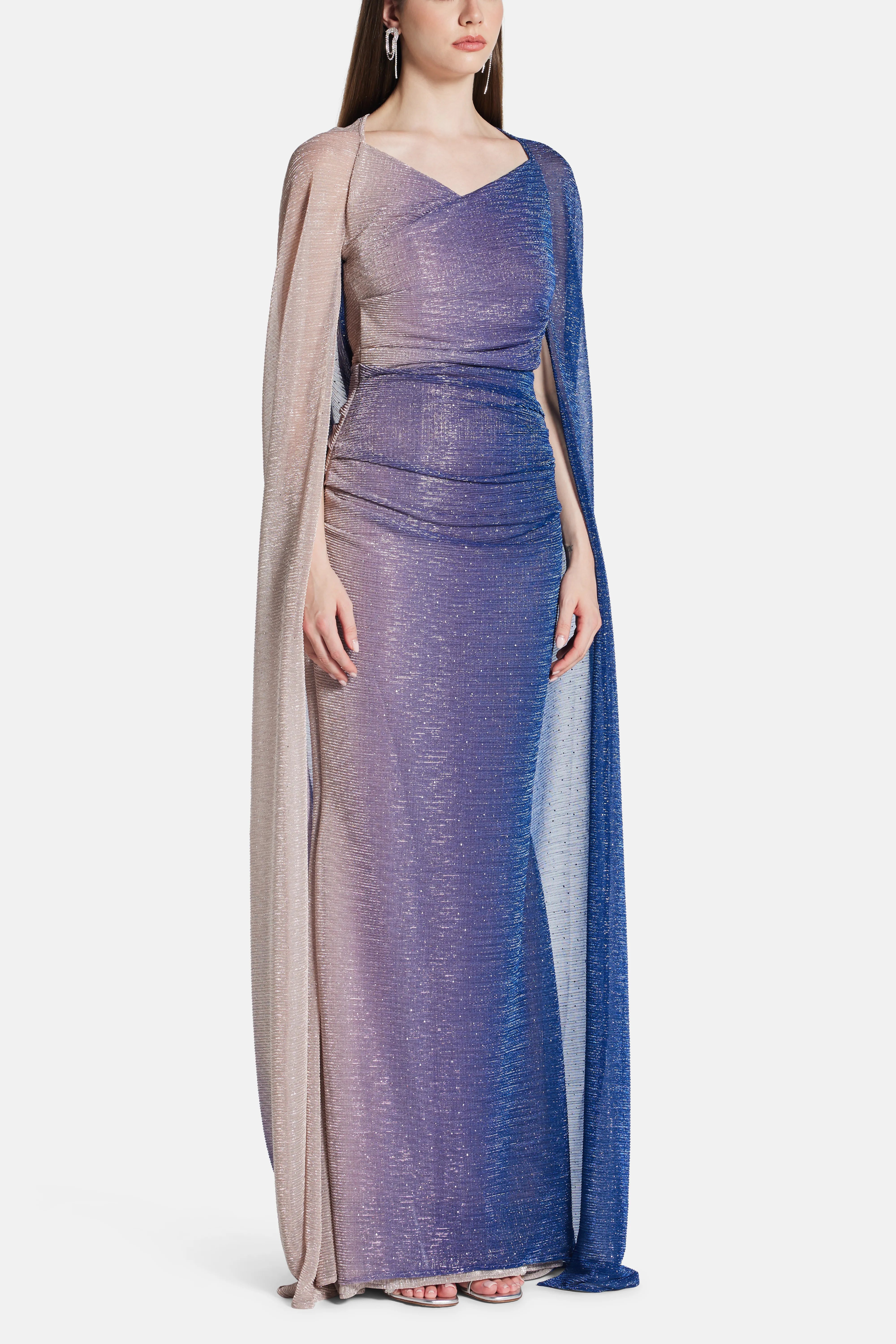 Voile Degrade Ombre Cape Evening Gown in Blue and Gold