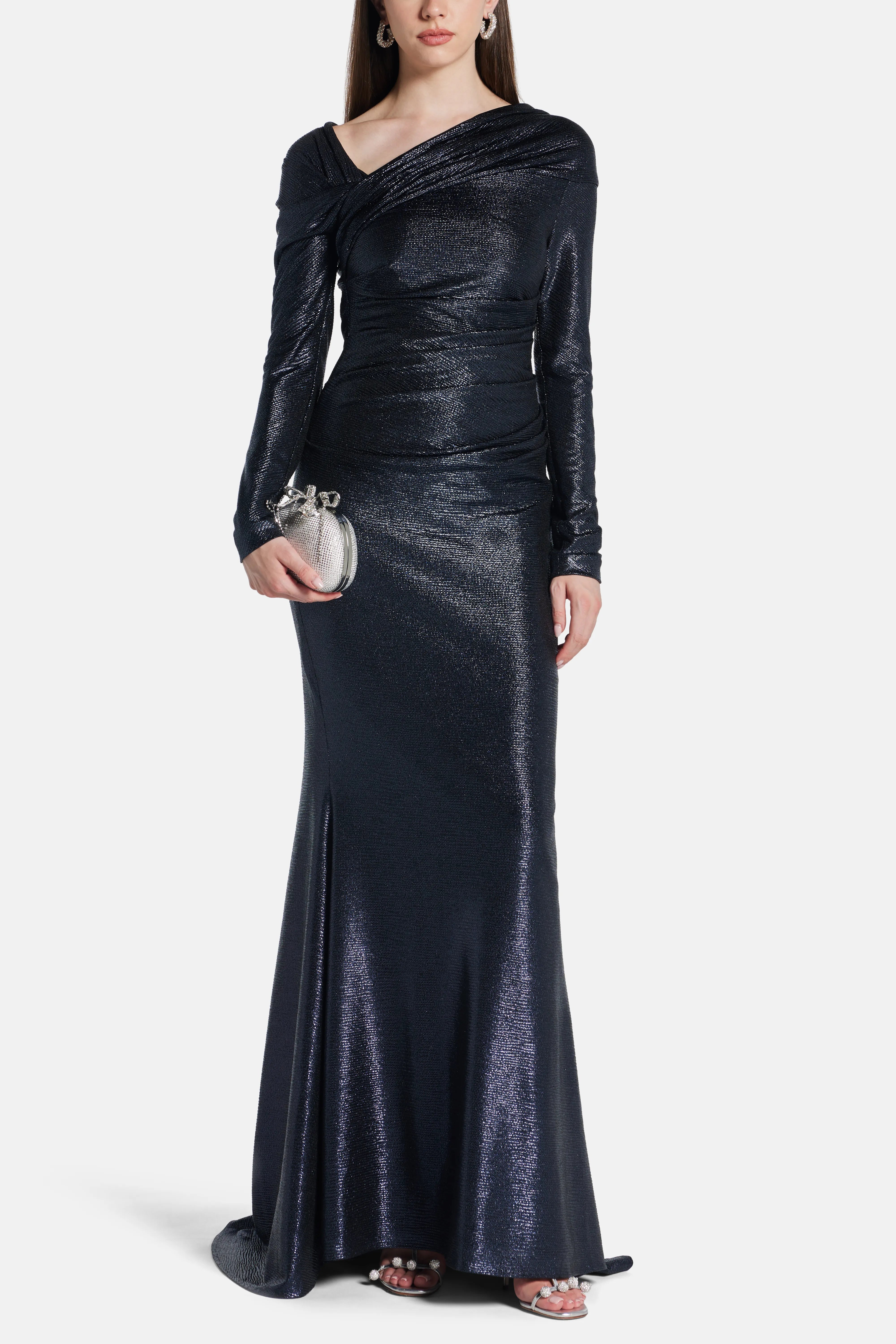 Mirrorball Shimmer Stretch Long Sleeves Evening Dress in Blue