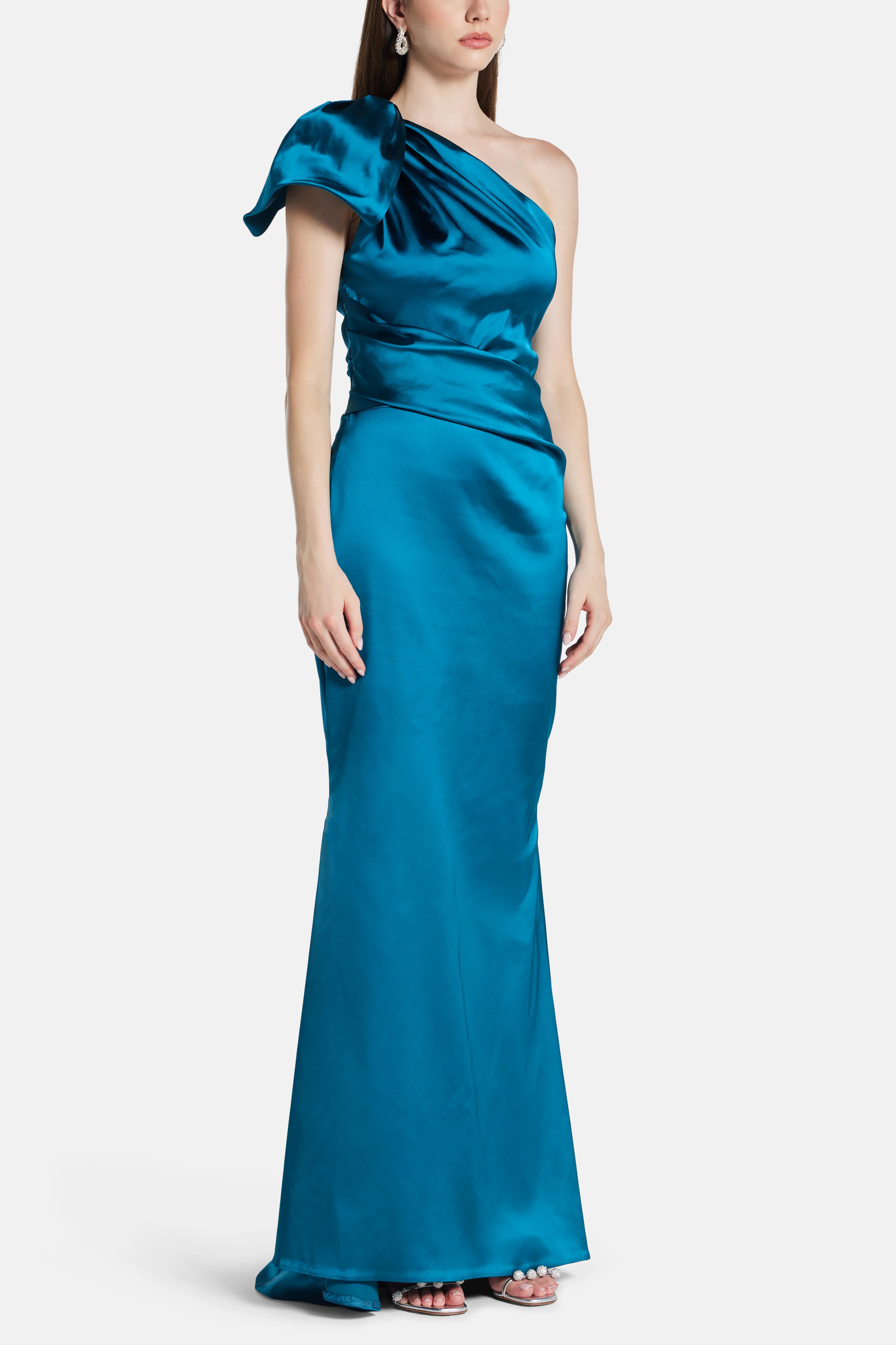 Stretch Satin Duchesse One Shoulder Evening Dress in Blue