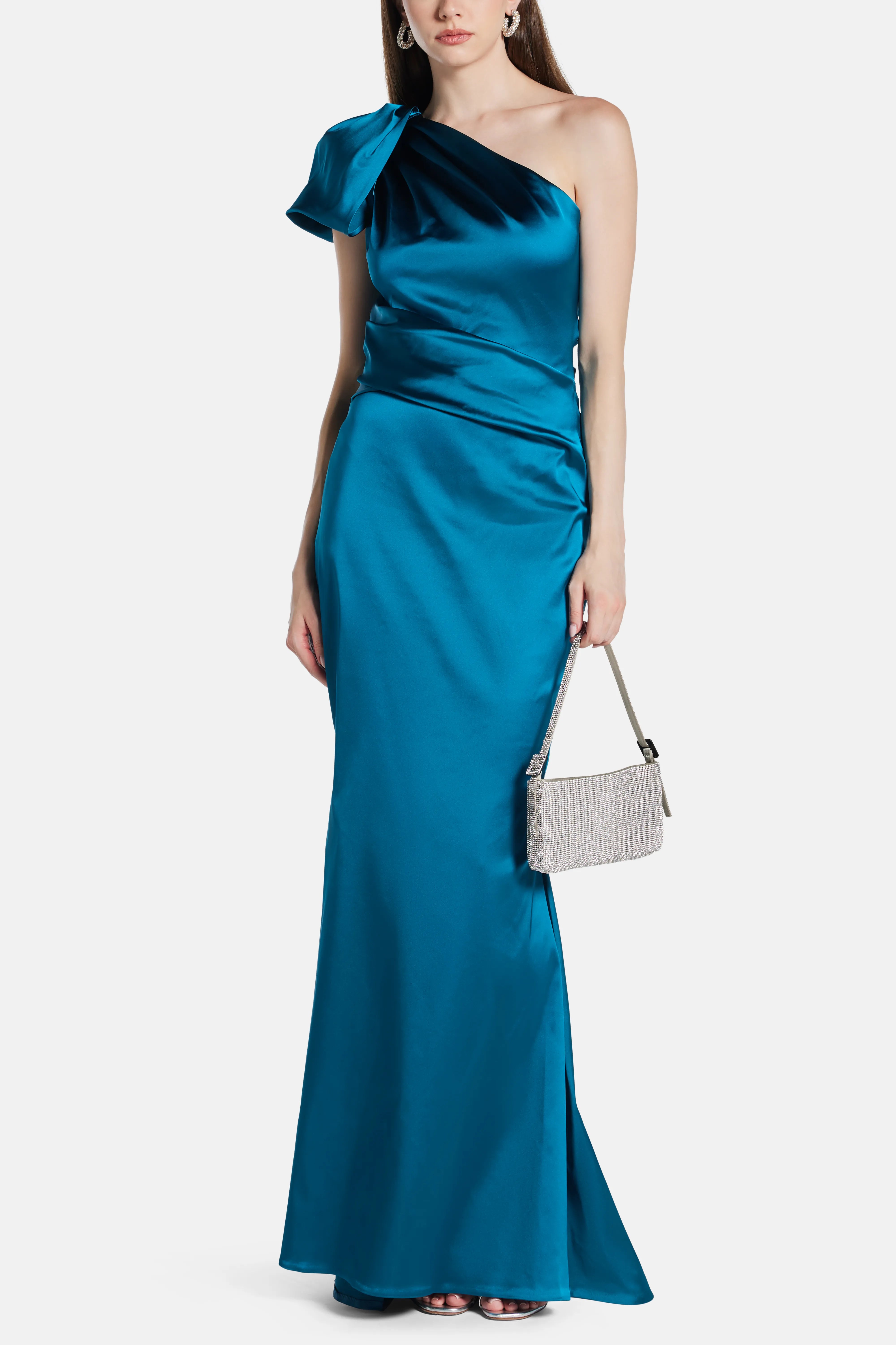 Stretch Satin Duchesse One Shoulder Evening Dress in Blue