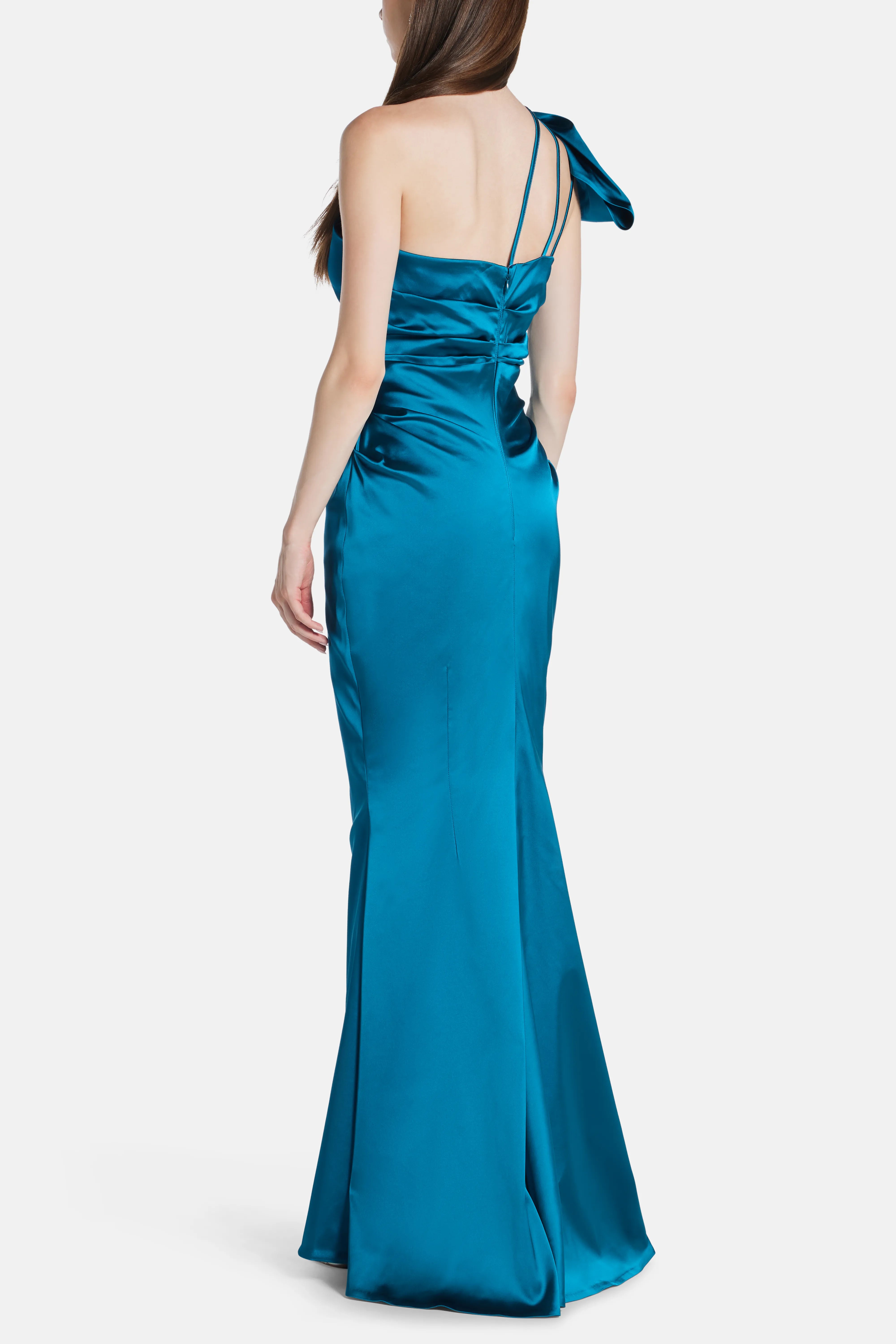 Stretch Satin Duchesse One Shoulder Evening Dress in Blue