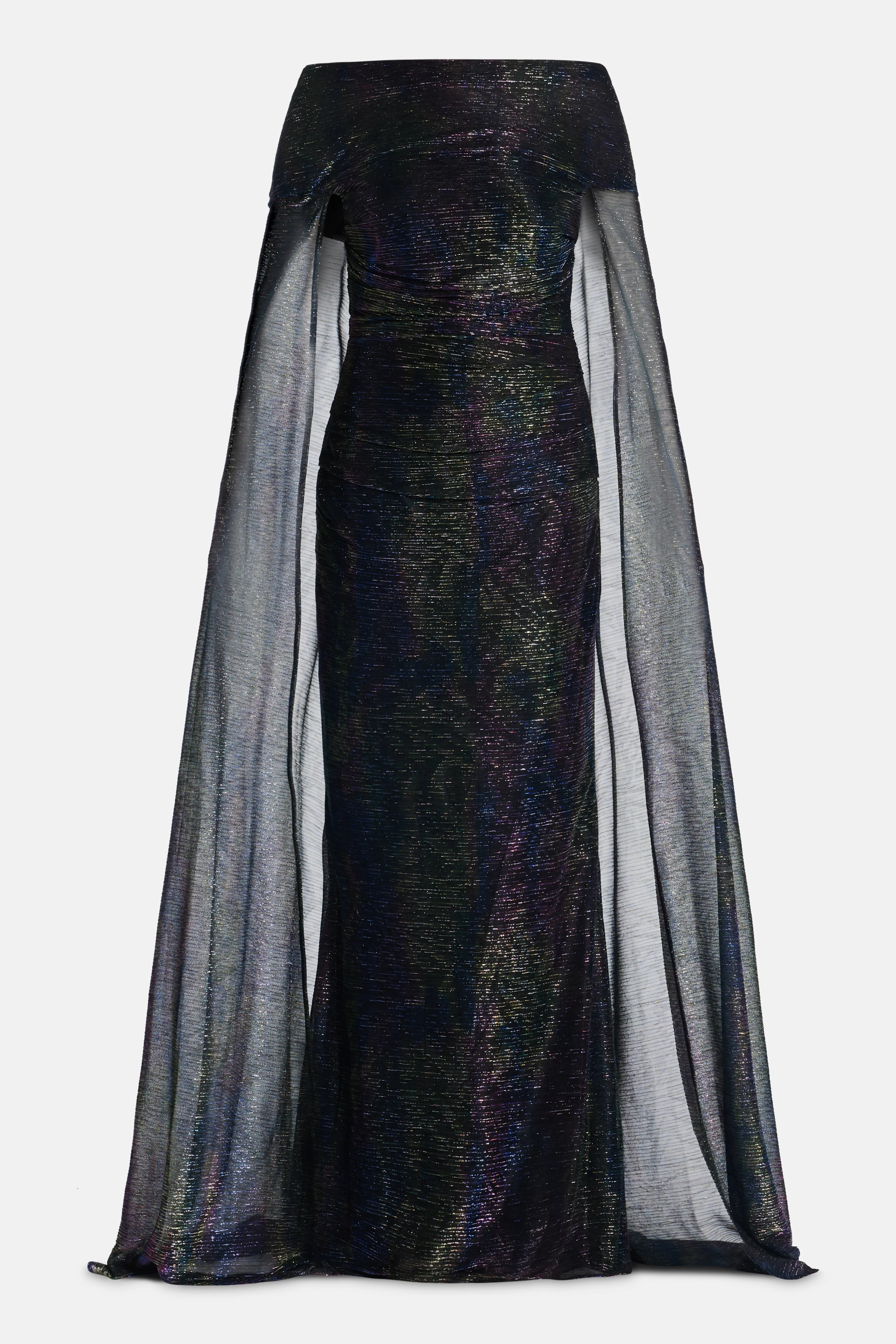 Mystery Metallic Voile Off Shoulder Shimmer Cape Evening Gown in Blue