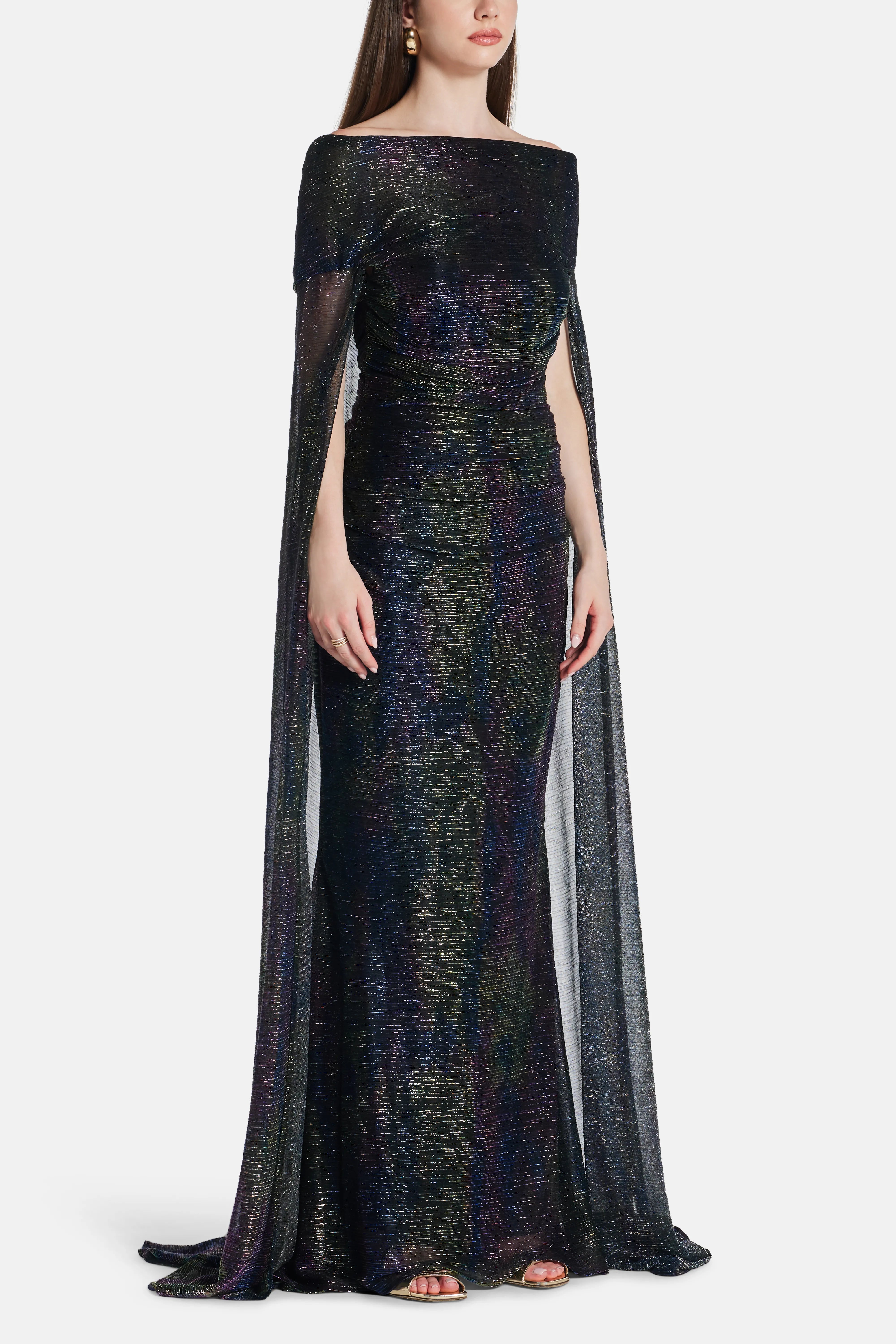 Mystery Metallic Voile Off Shoulder Shimmer Cape Evening Gown in Blue