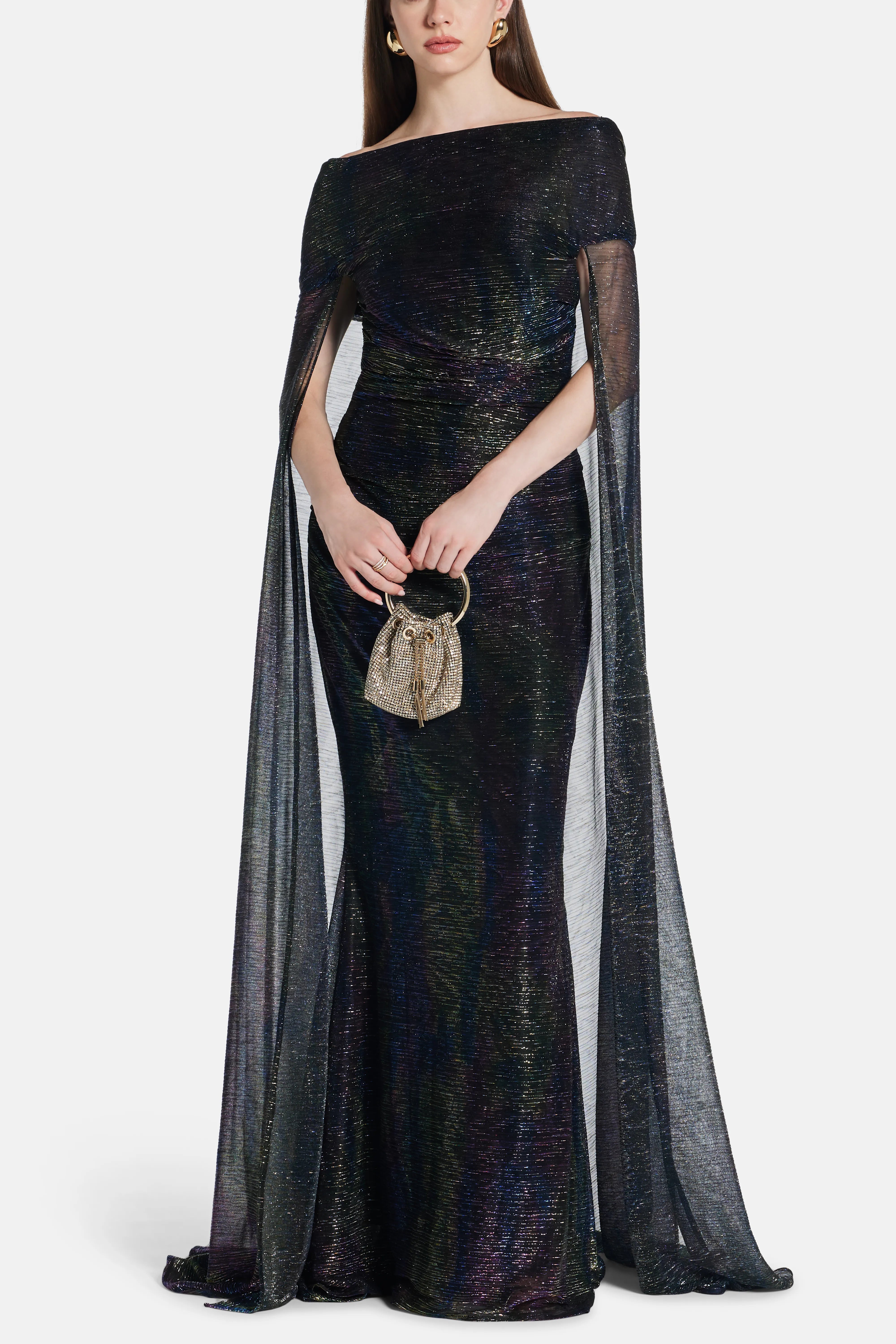Mystery Metallic Voile Off Shoulder Shimmer Cape Evening Gown in Blue