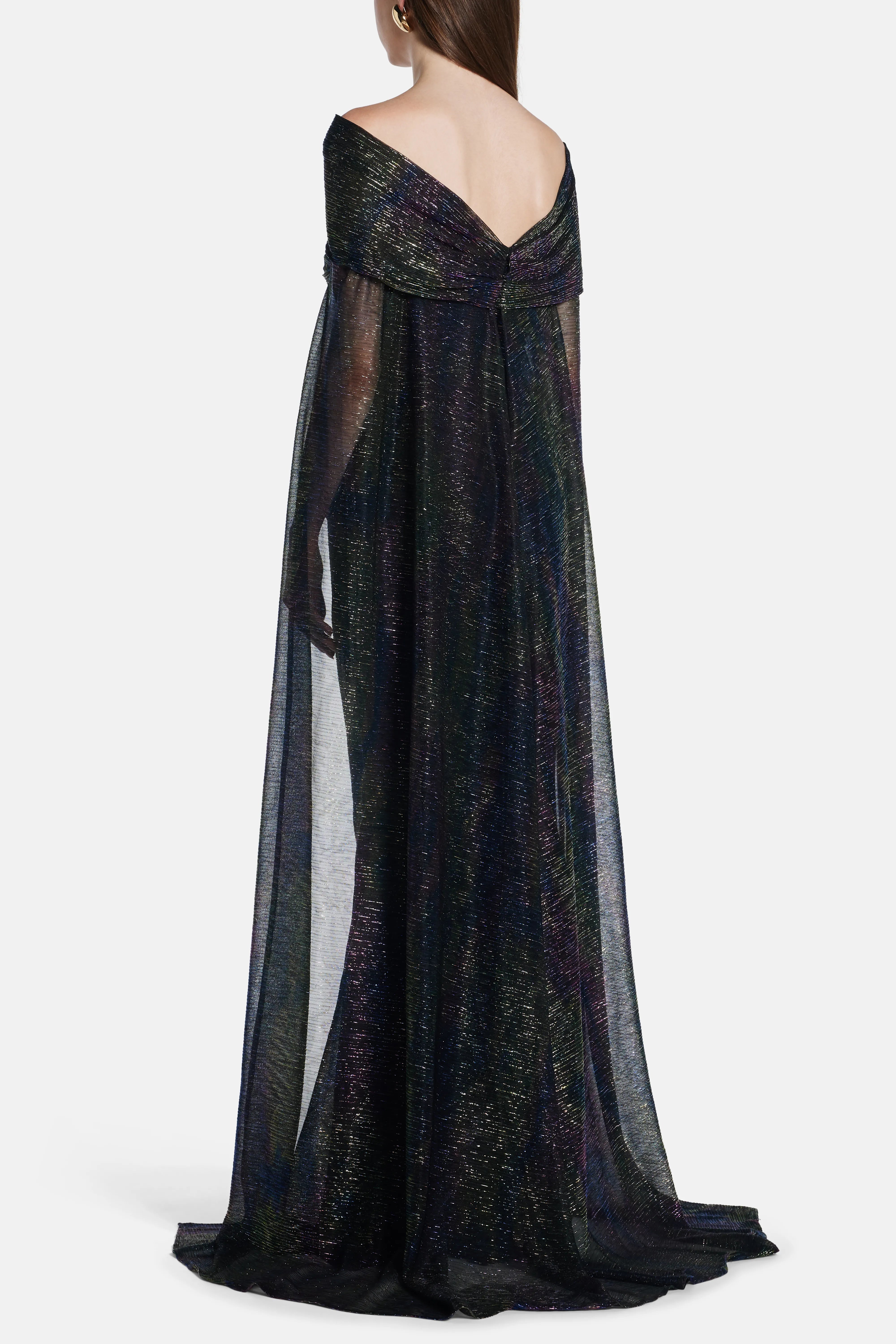 Mystery Metallic Voile Off Shoulder Shimmer Cape Evening Gown in Blue