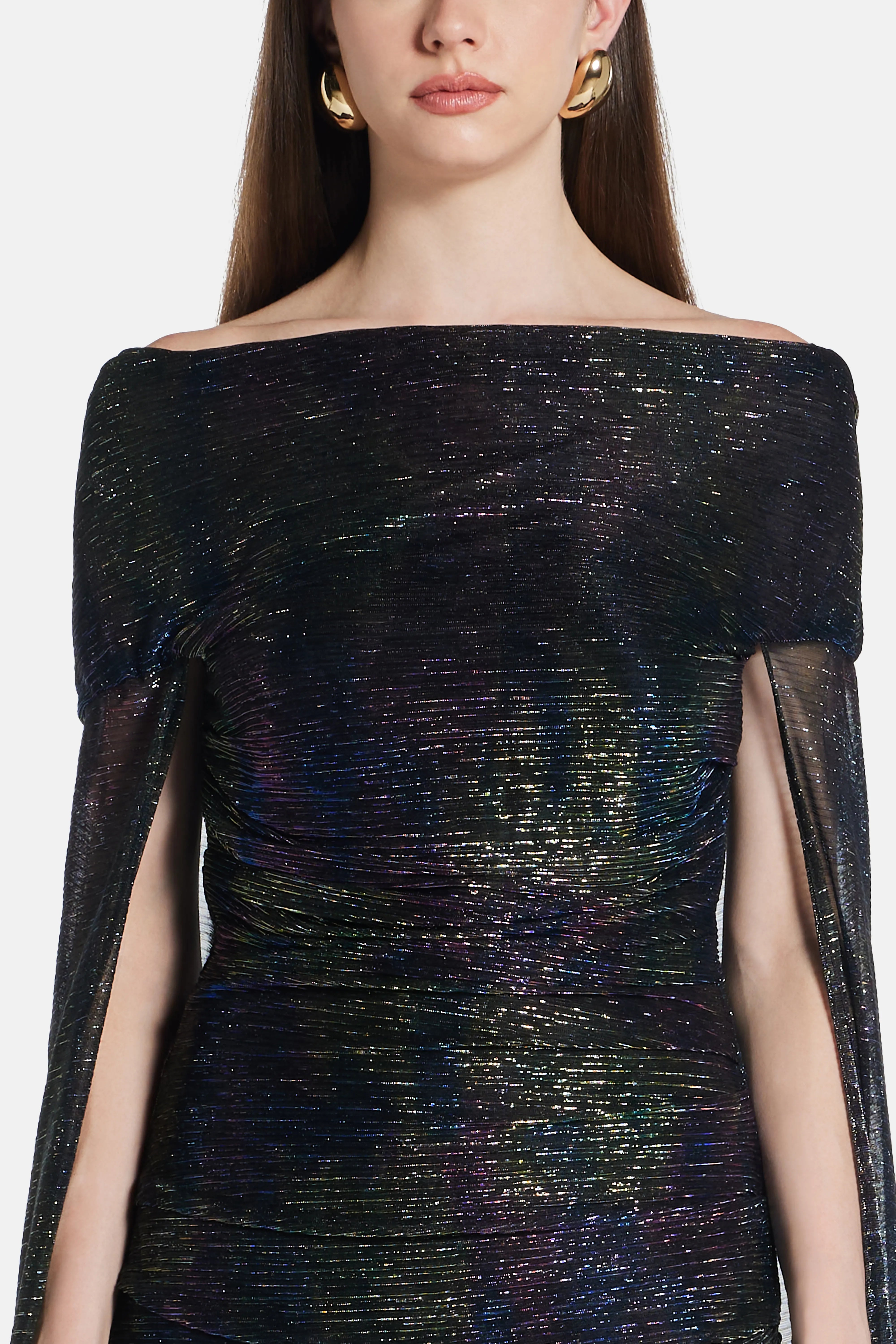 Mystery Metallic Voile Off Shoulder Shimmer Cape Evening Gown in Blue