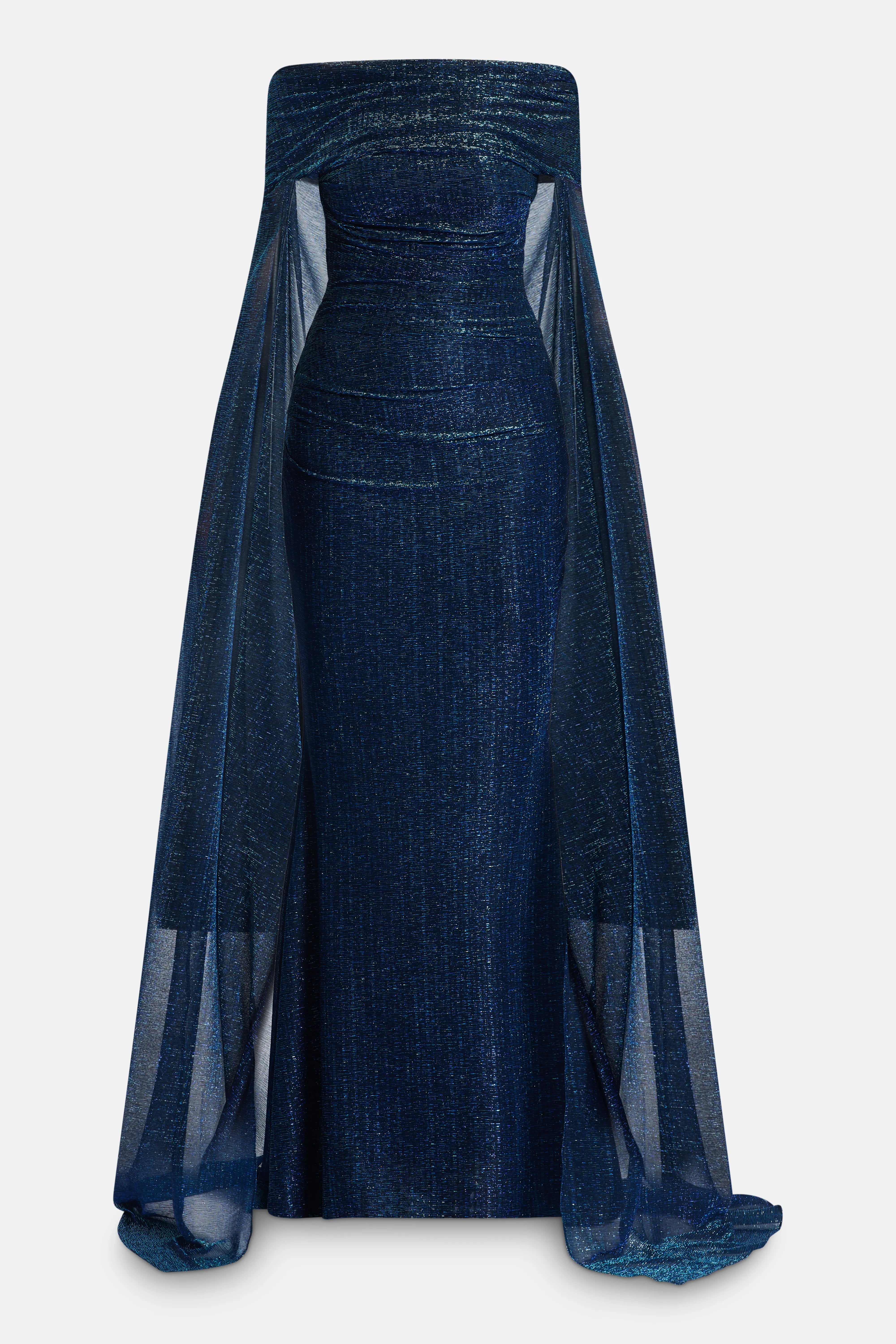 Matrix Metallic Off Shoulder Shimmer Cape Evening Gown in Green