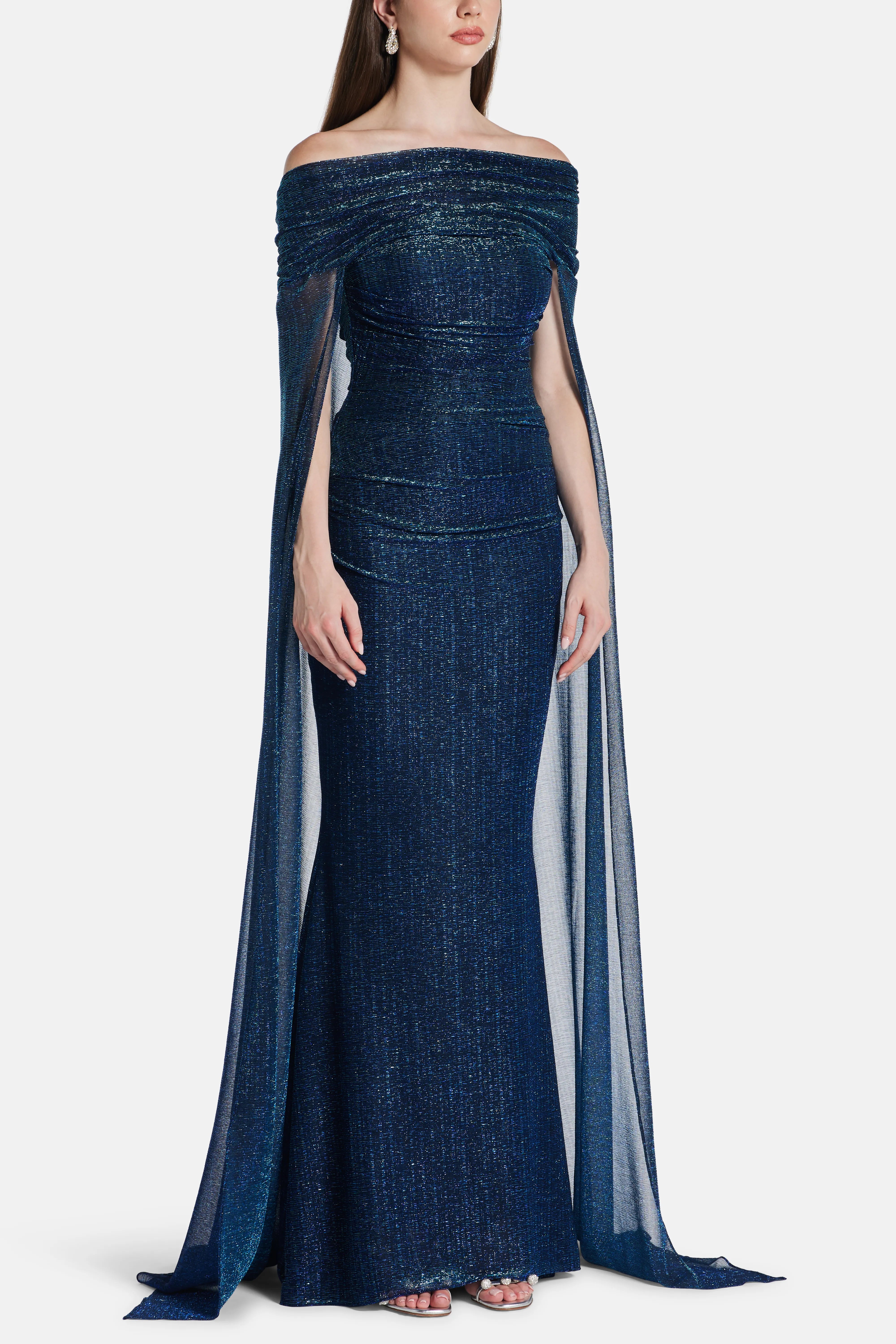 Matrix Metallic Off Shoulder Shimmer Cape Evening Gown in Green