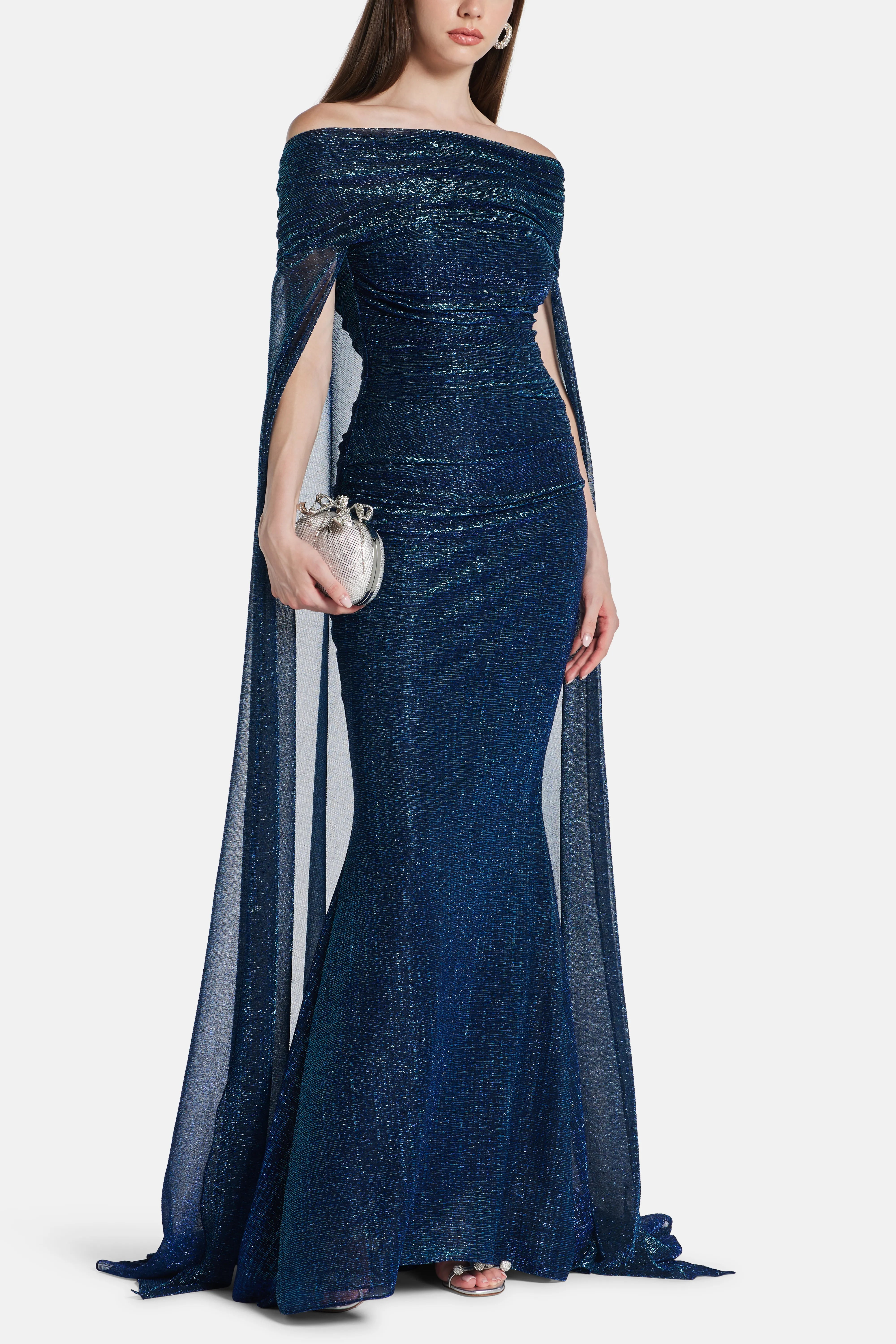 Matrix Metallic Off Shoulder Shimmer Cape Evening Gown in Green