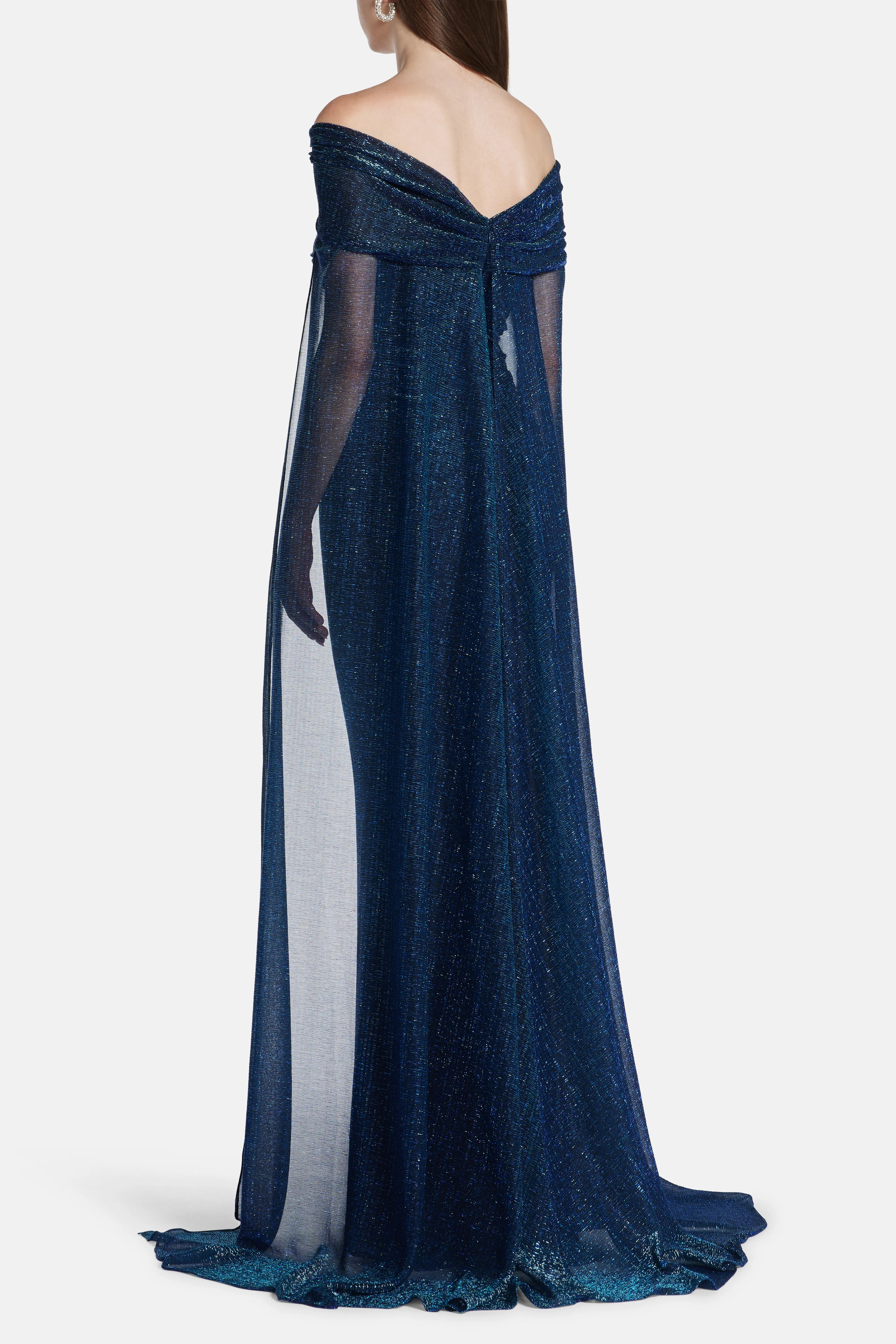 Matrix Metallic Off Shoulder Shimmer Cape Evening Gown in Green