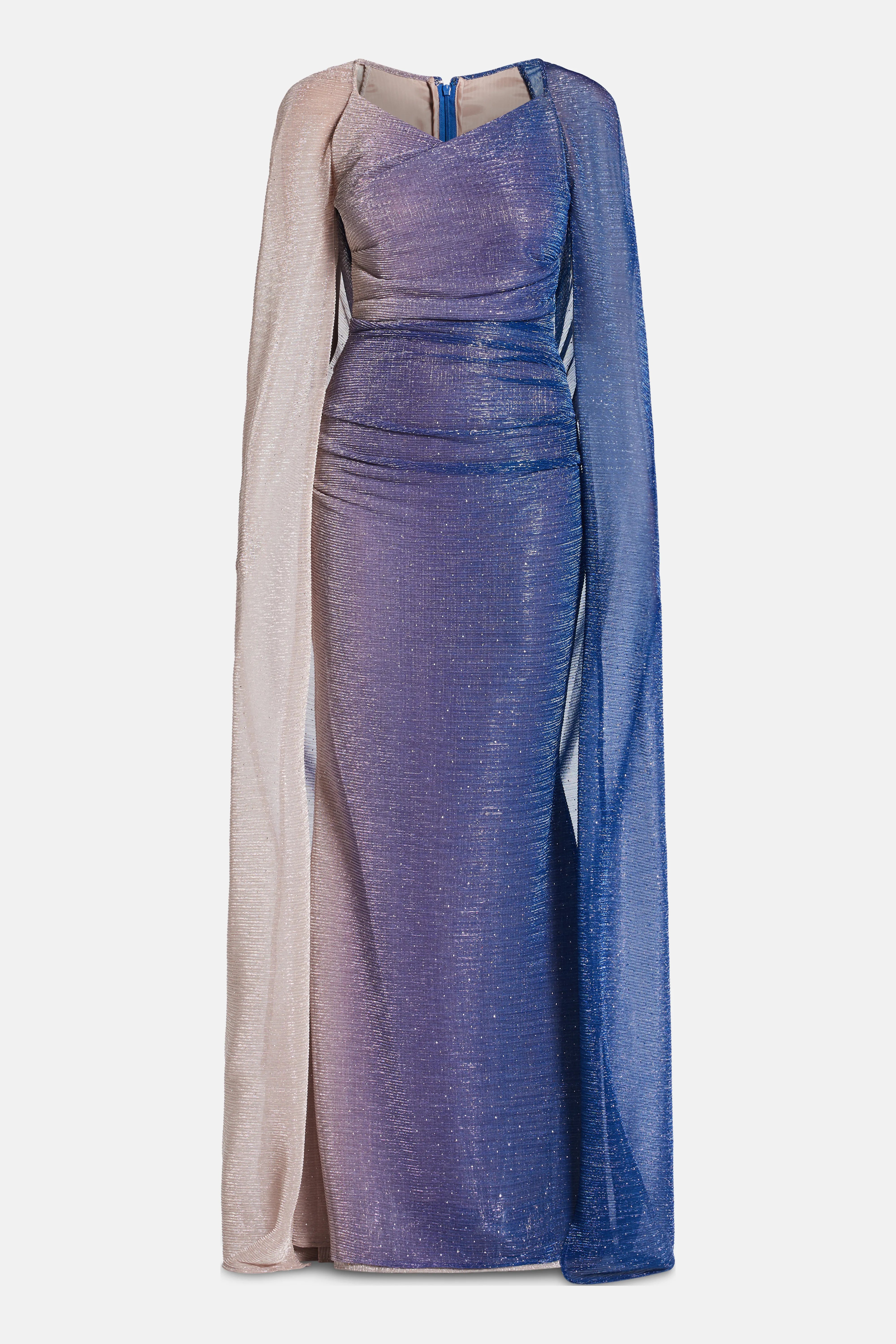 Voile Degrade Ombre Cape Evening Gown in Blue and Gold
