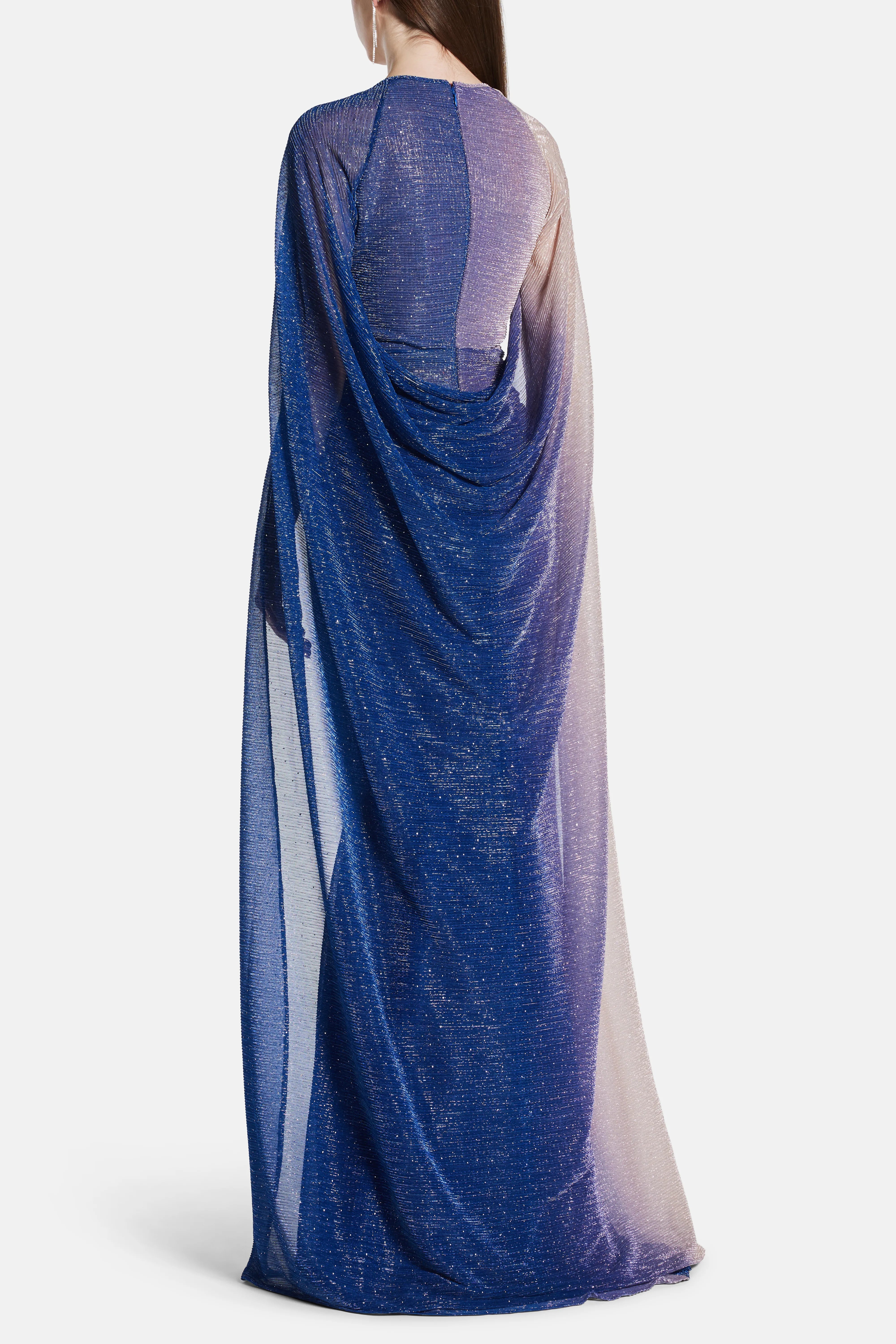 Voile Degrade Ombre Cape Evening Gown in Blue and Gold