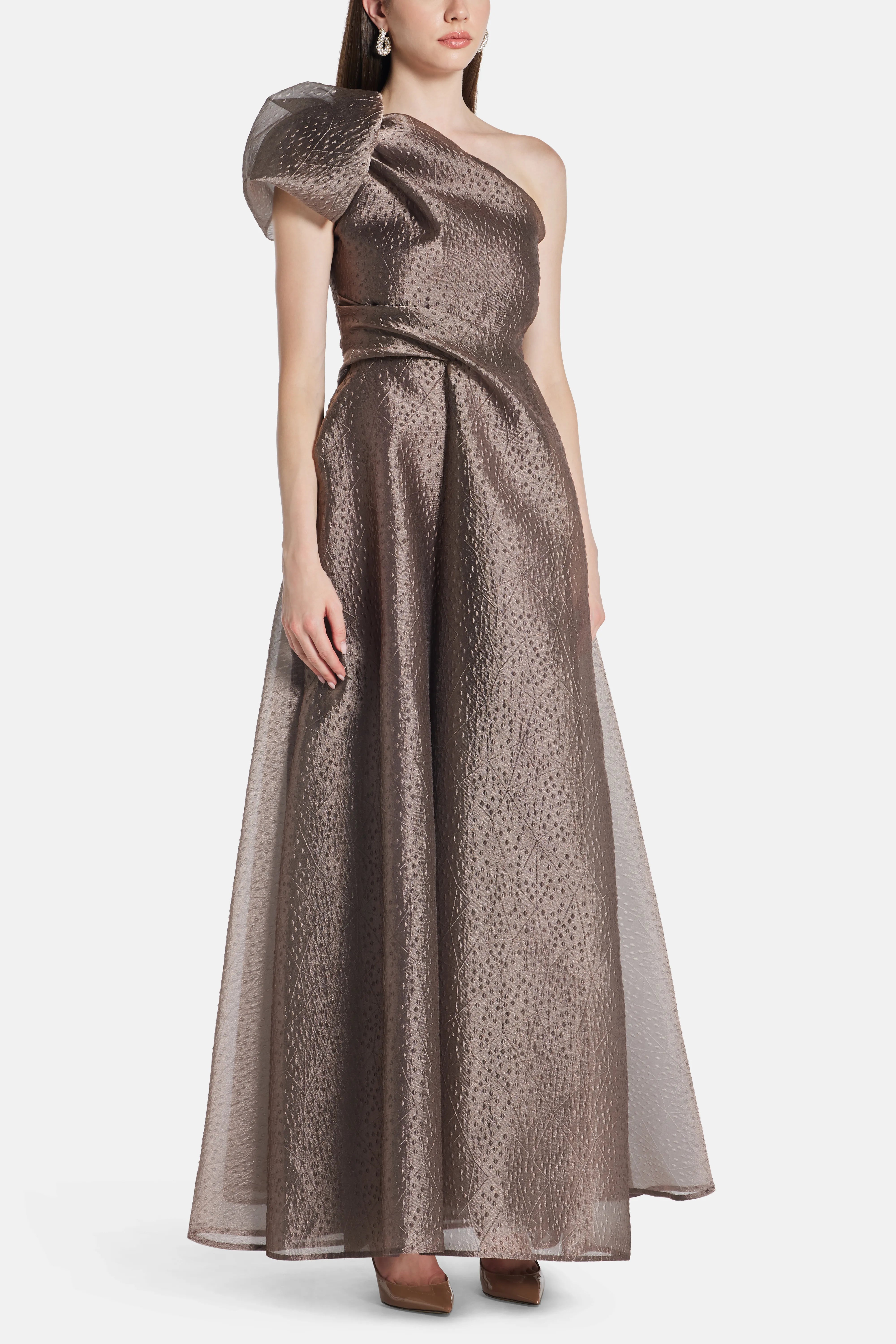 Rivet Organza One Shoulder Evening Dress in Brown