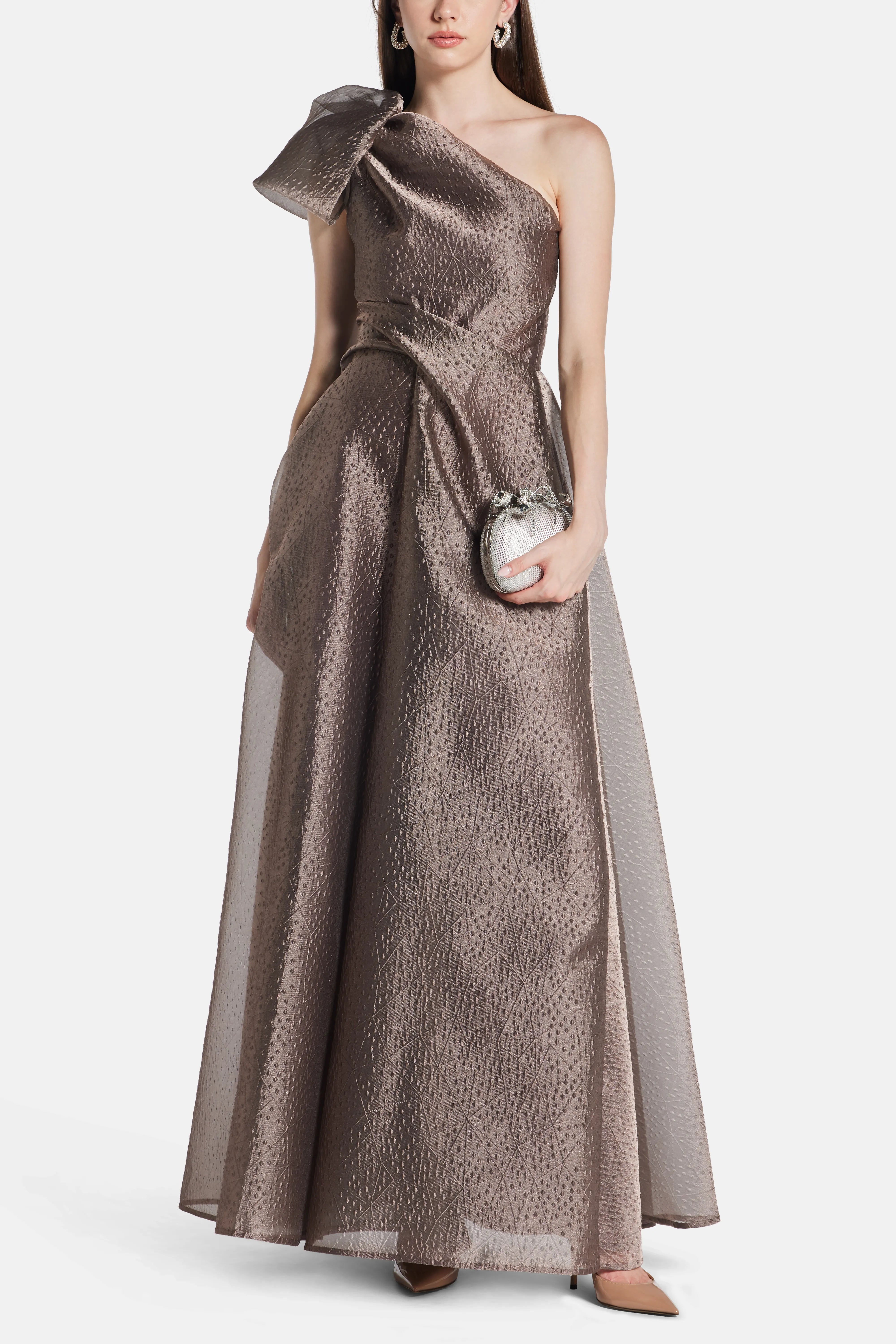 Rivet Organza One Shoulder Evening Dress in Brown