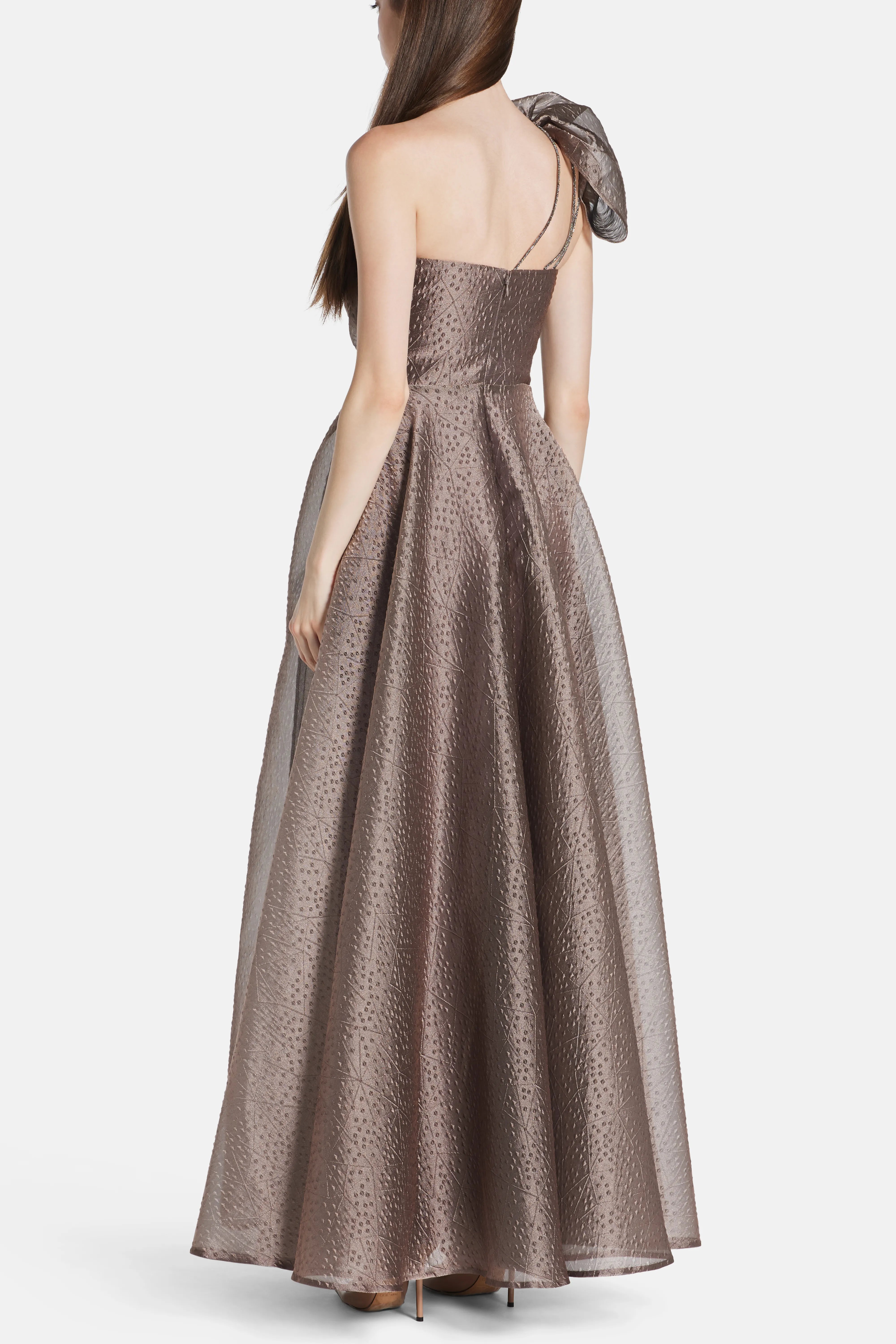 Rivet Organza One Shoulder Evening Dress in Brown