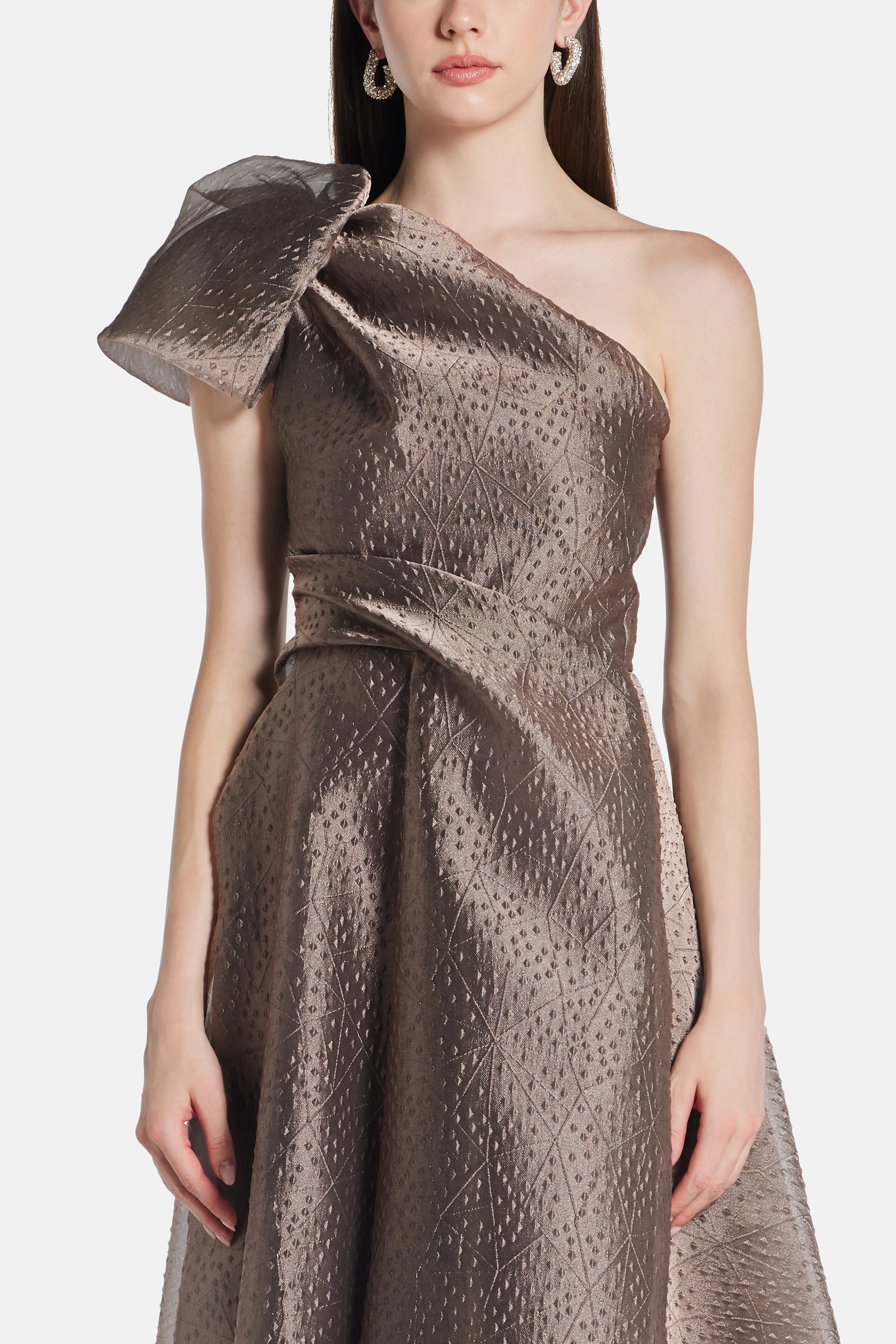 Rivet Organza One Shoulder Evening Dress in Brown