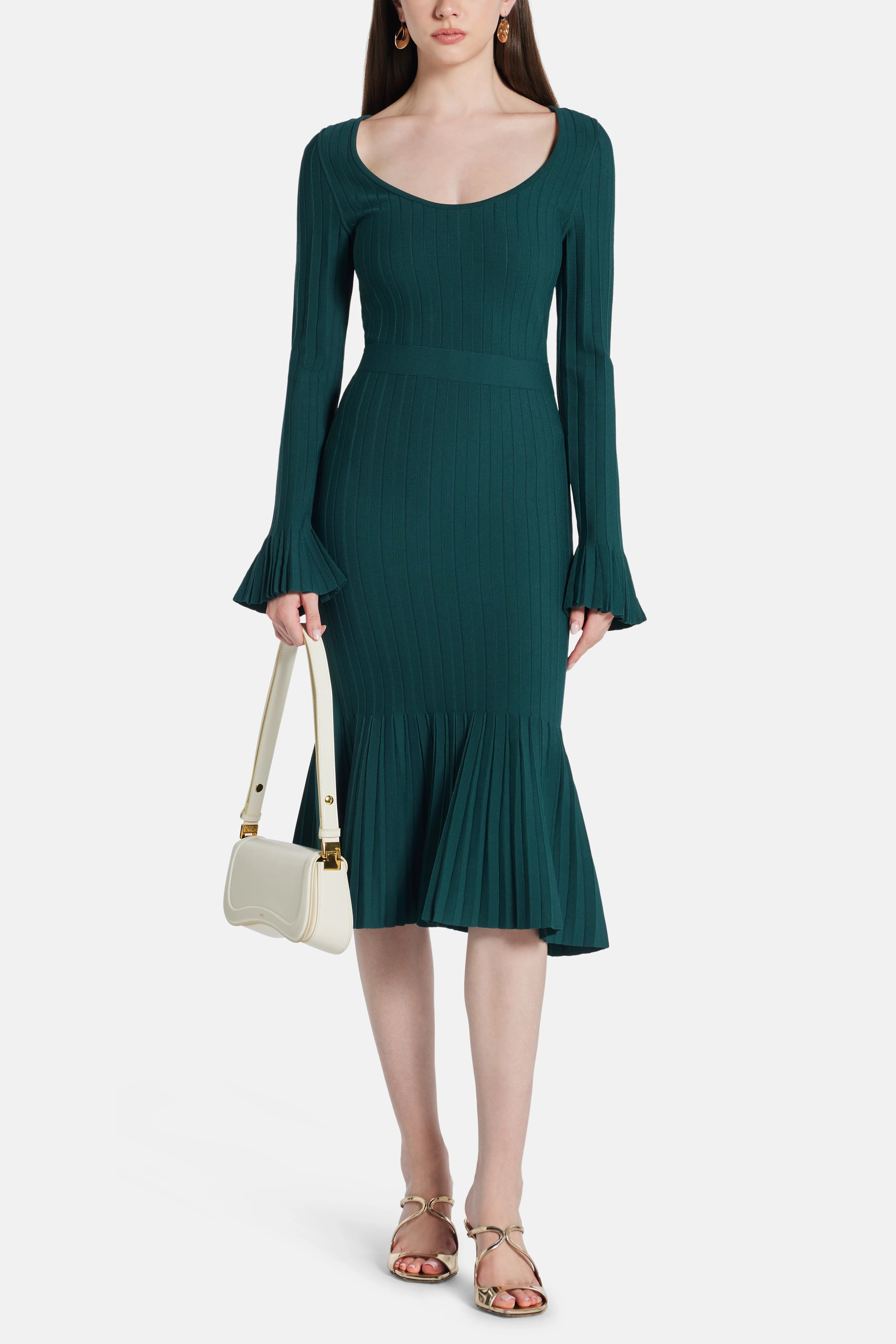 Alena Long Sleeves Knit Bandage Midi Dress in Green