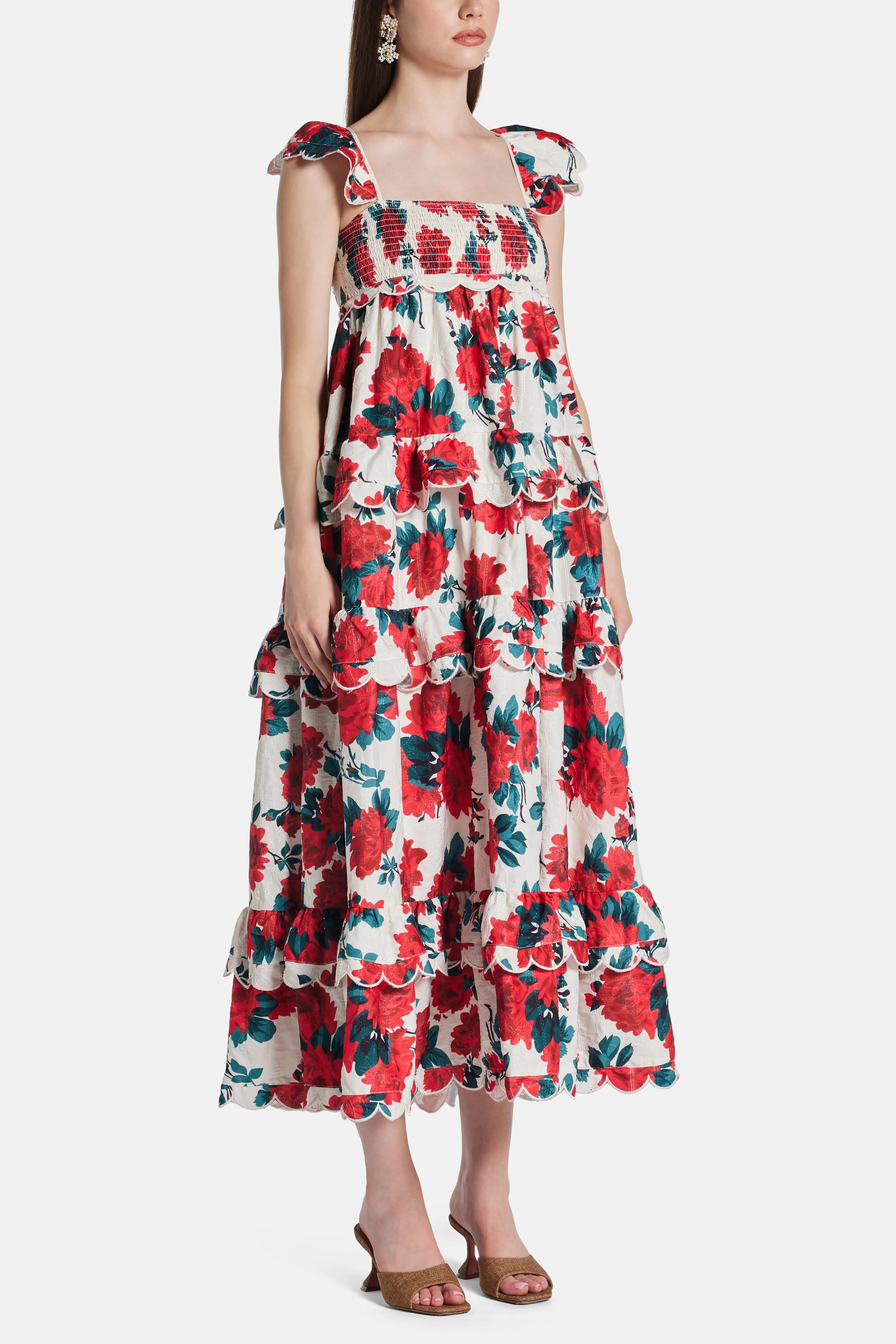 Monaco Tiered Scallop Detail Tie Back Floral Sleeveless Maxi Dress in Red