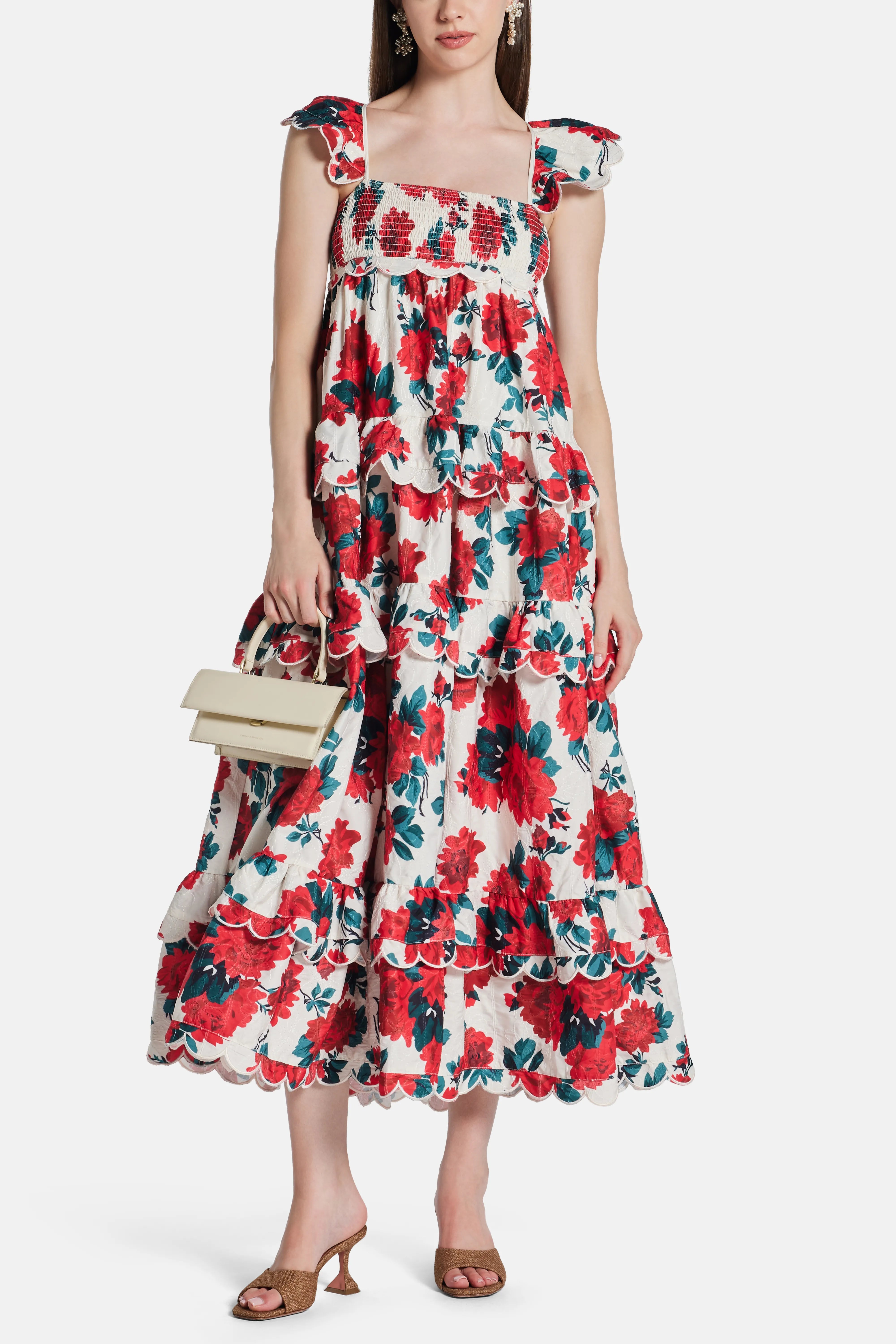 Monaco Tiered Scallop Detail Tie Back Floral Sleeveless Maxi Dress in Red