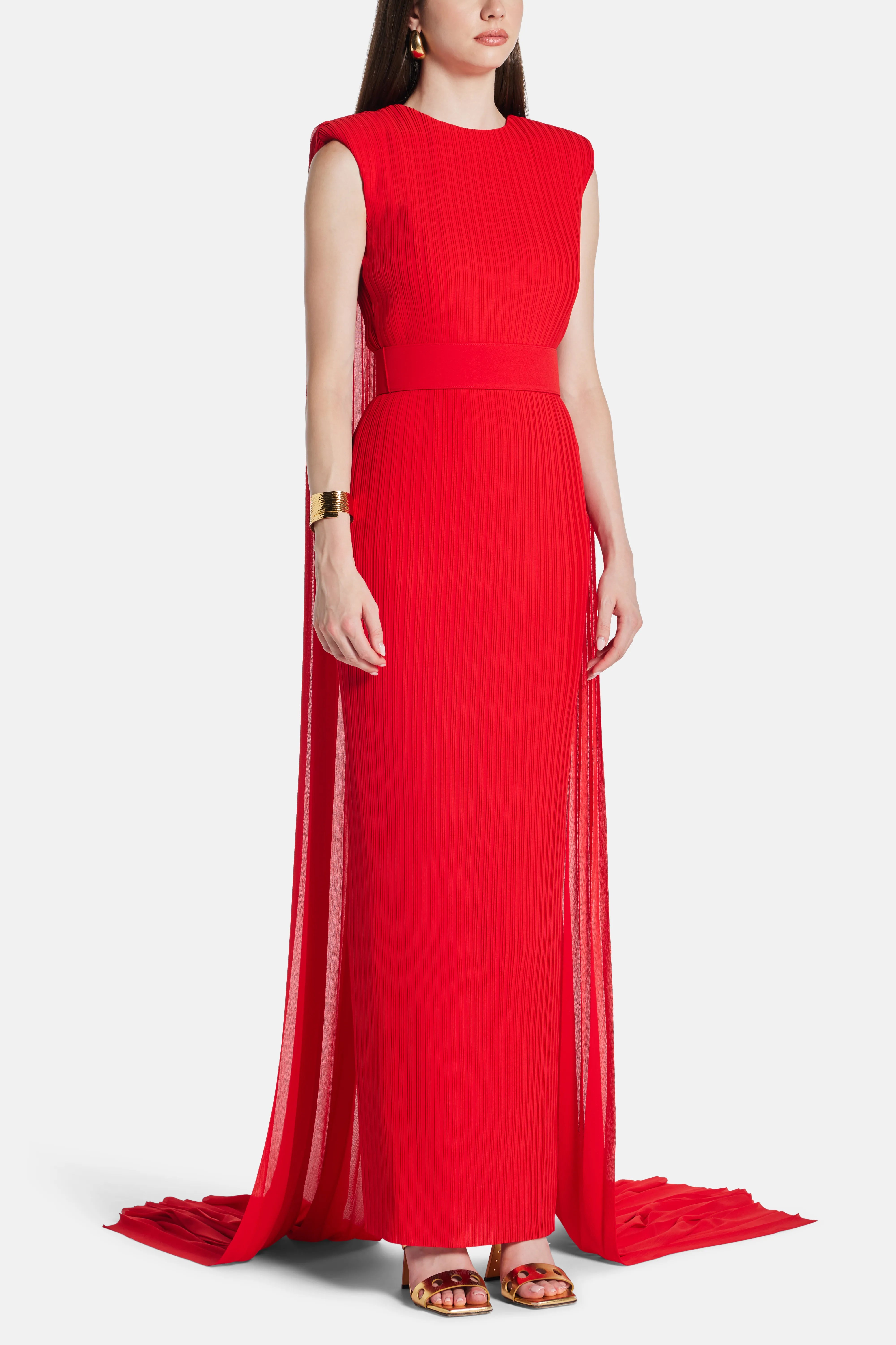 Tavia Sleeveless Cape Evening Gown in Red