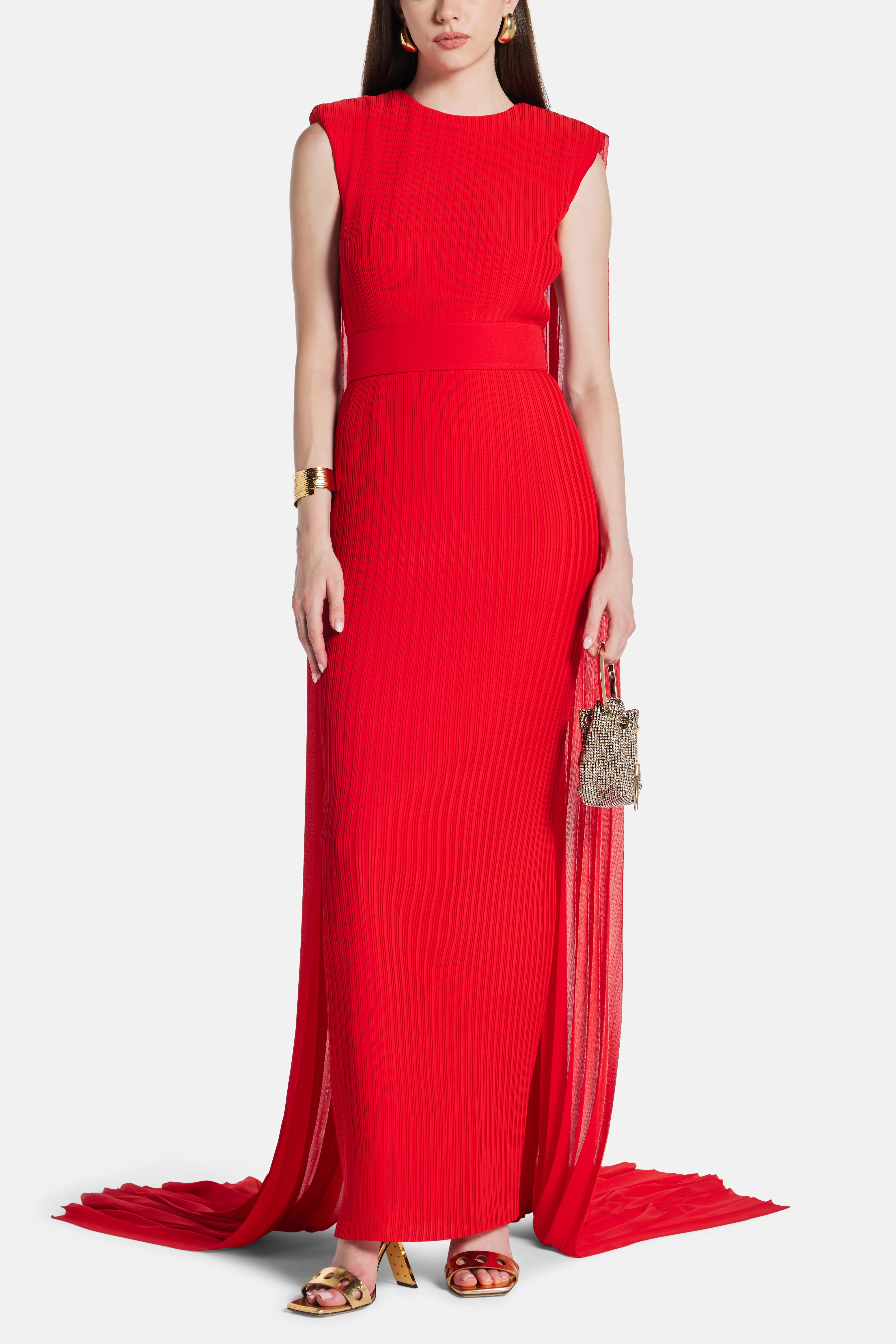 Tavia Sleeveless Cape Evening Gown in Red
