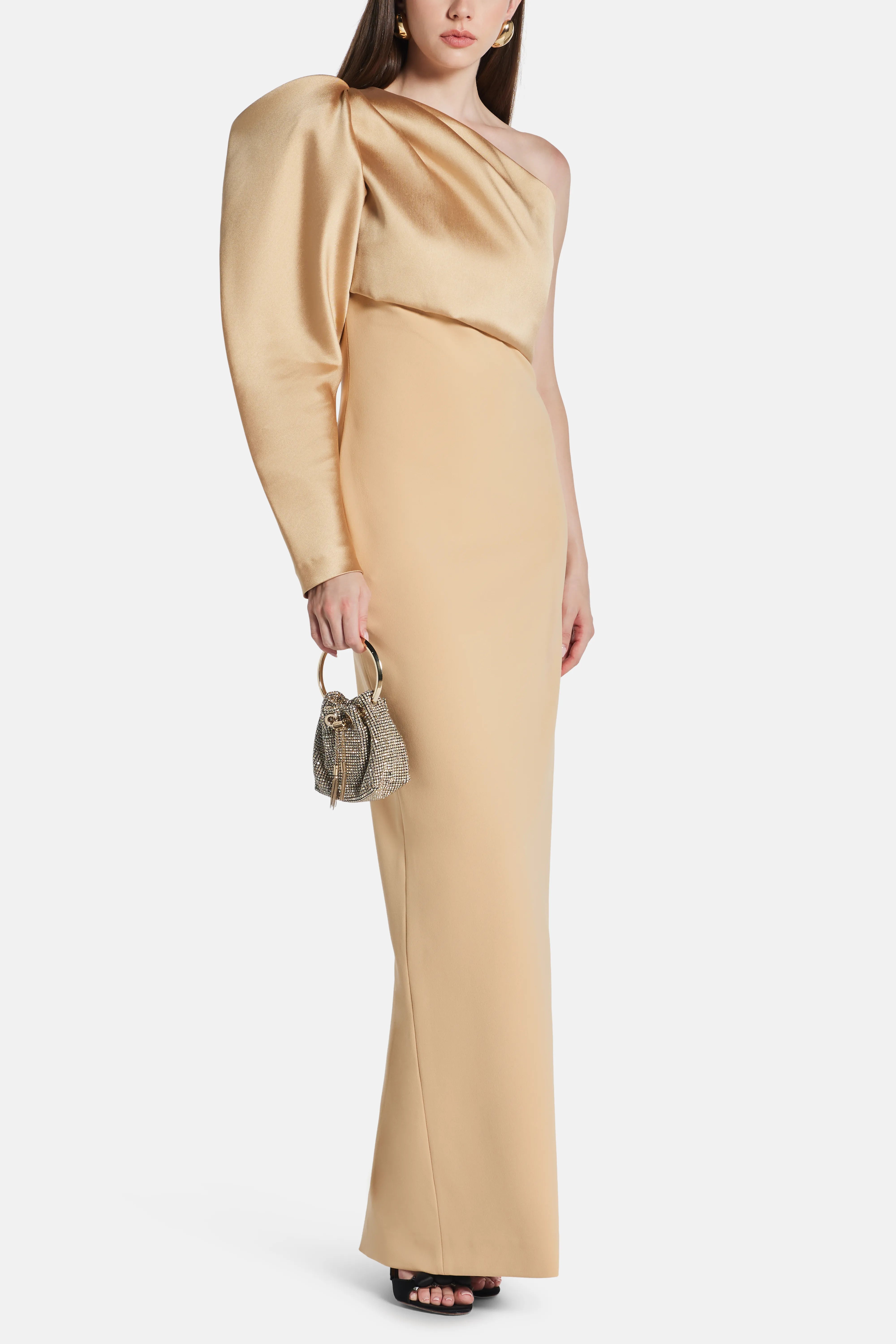 Tally One Shoulder Puff Sleeves Evening Dress in Beige