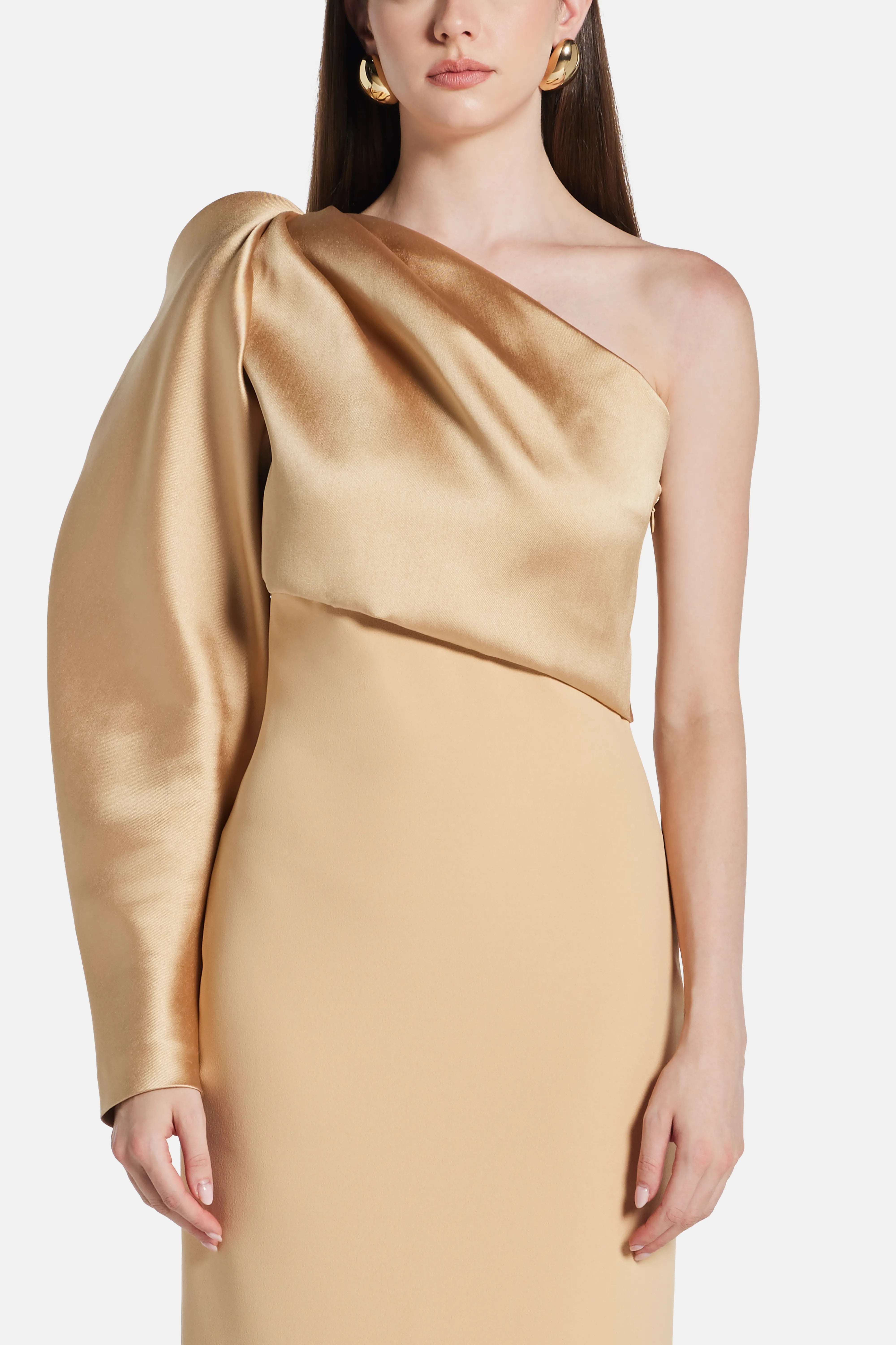 Tally One Shoulder Puff Sleeves Evening Dress in Beige