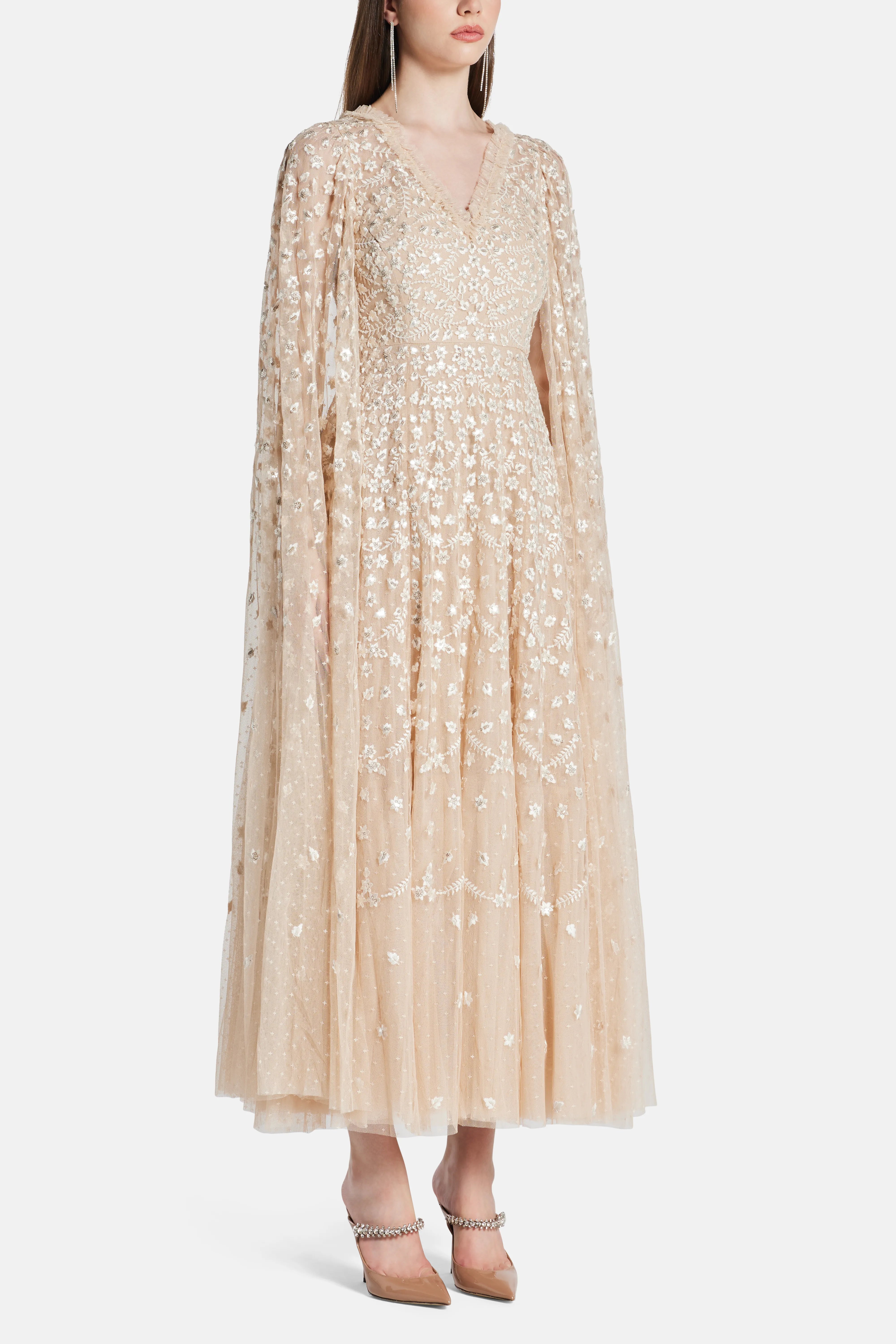 Clover Cape Sleeve V Neck Evening Dress in Beige