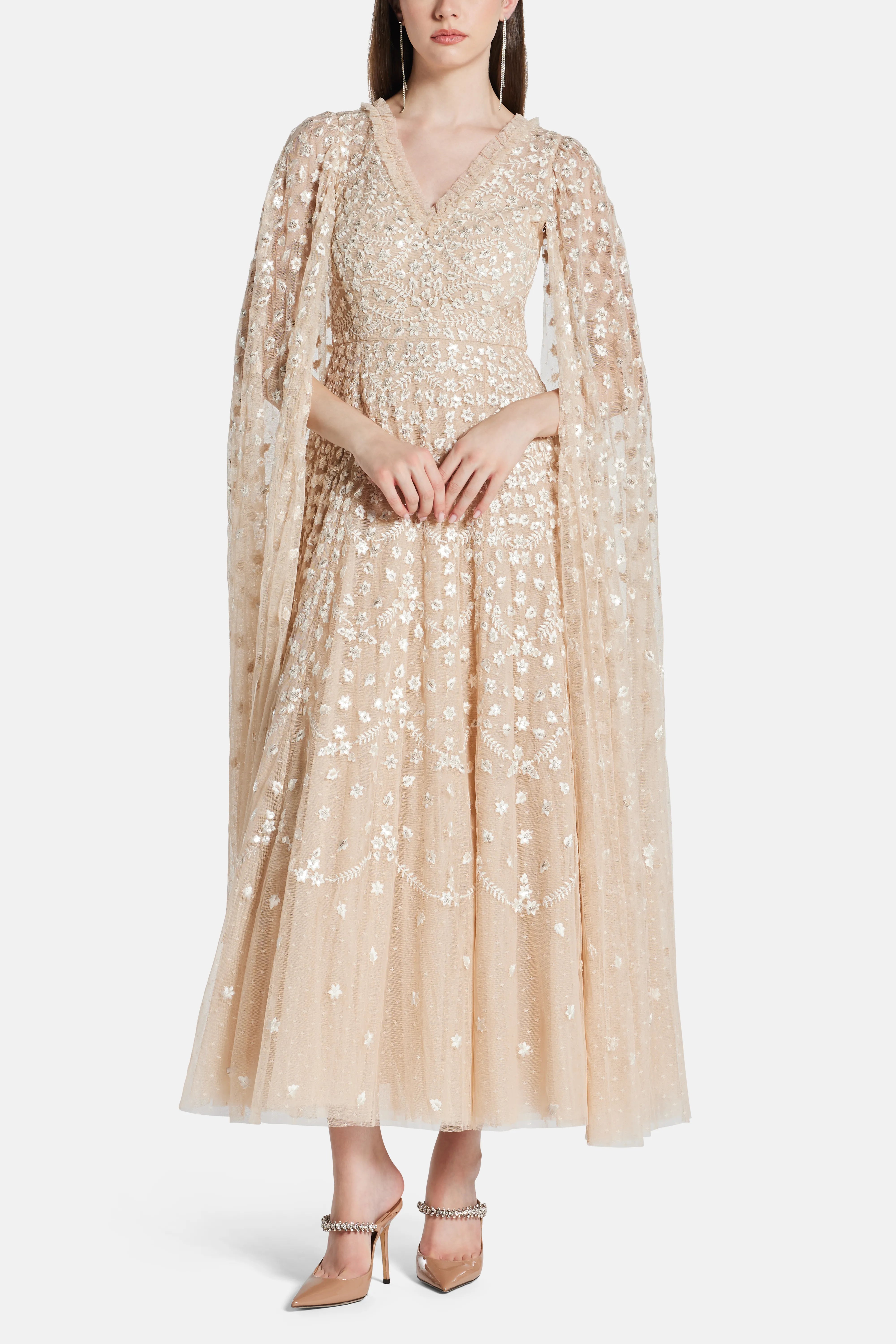 Clover Cape Sleeve V Neck Evening Dress in Beige