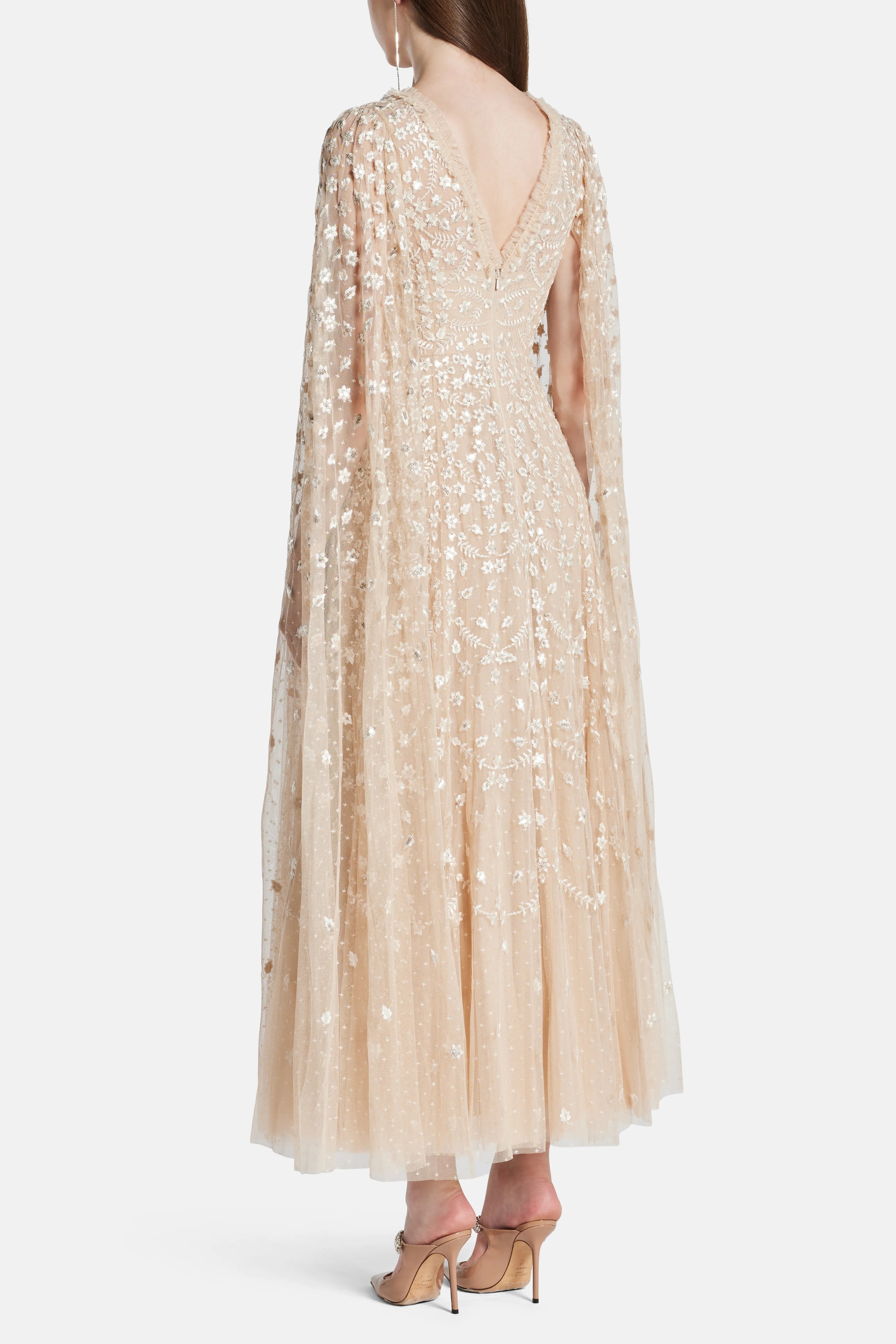 Clover Cape Sleeve V Neck Evening Dress in Beige