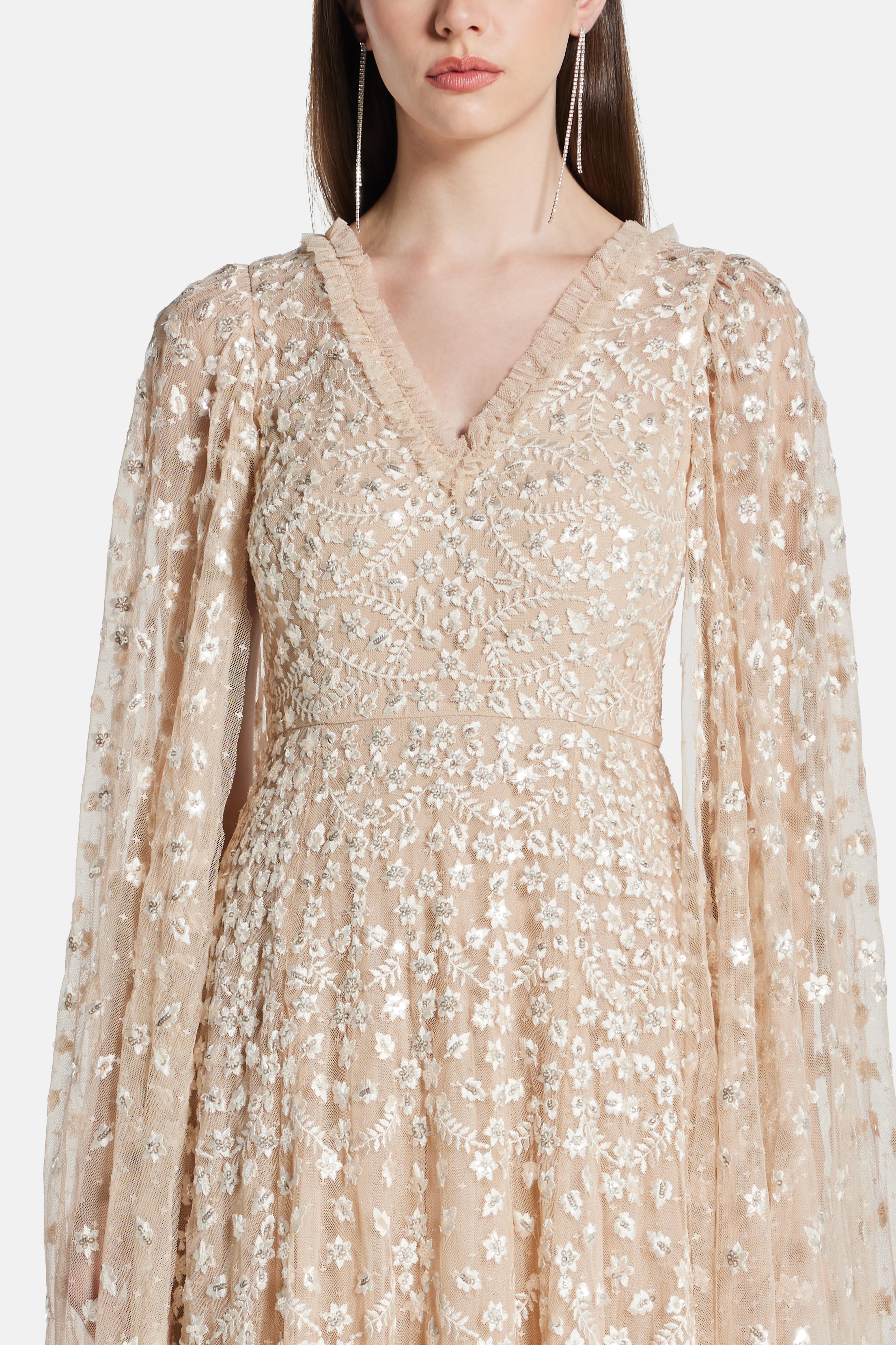 Clover Cape Sleeve V Neck Evening Dress in Beige