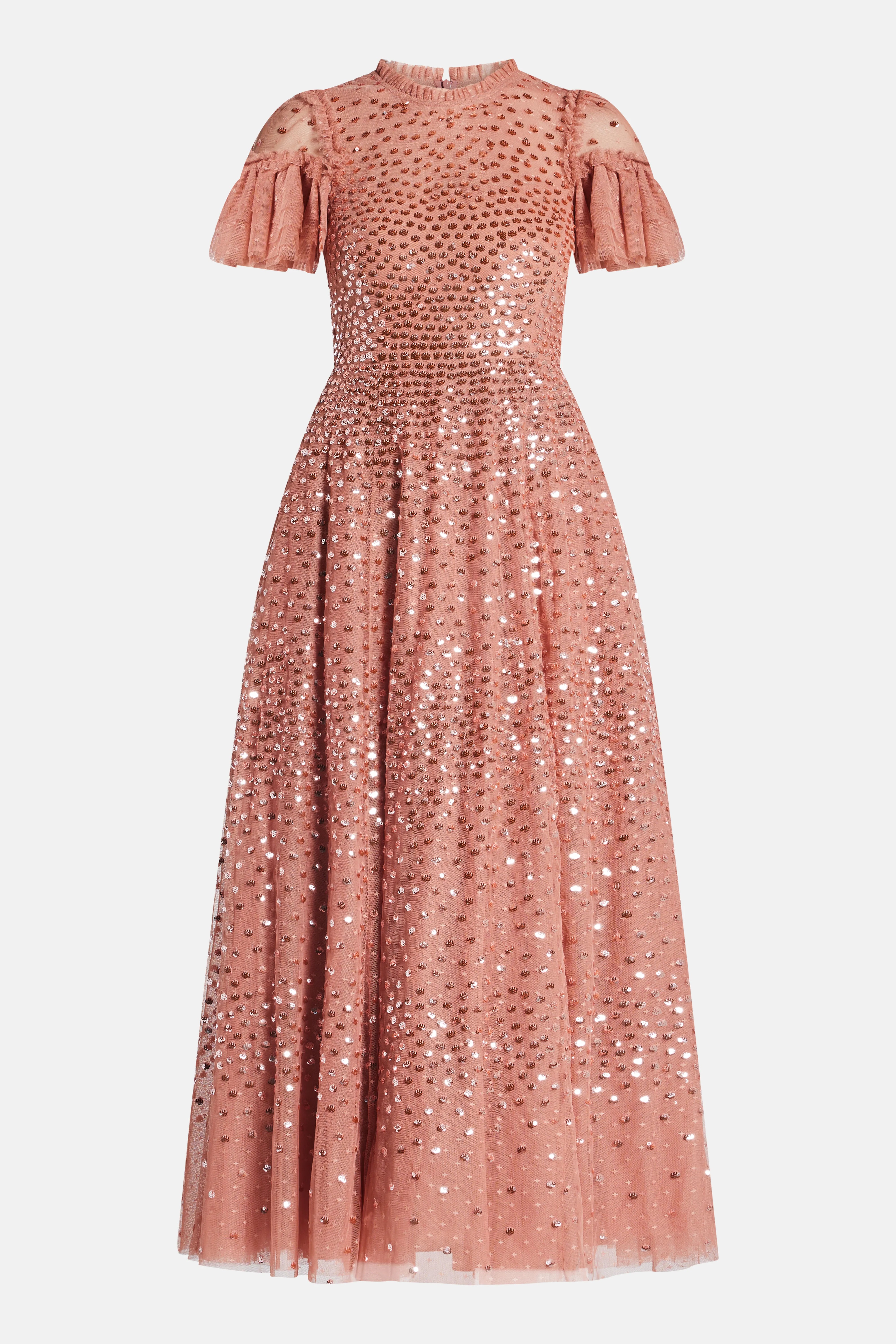 Scatter Dot Round Neck Short Sleeves Evening Dress in Pink