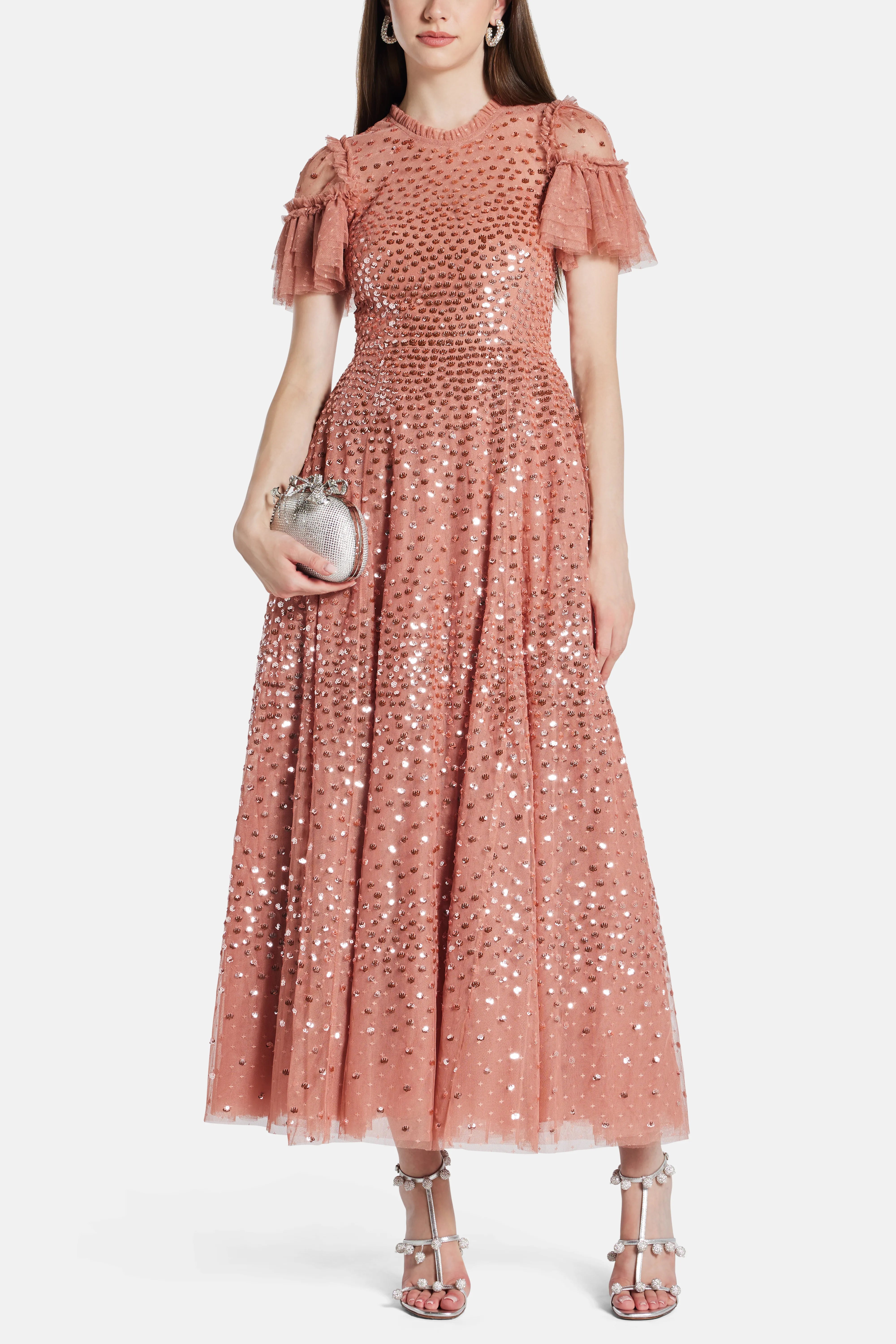 Scatter Dot Round Neck Short Sleeves Evening Dress in Pink