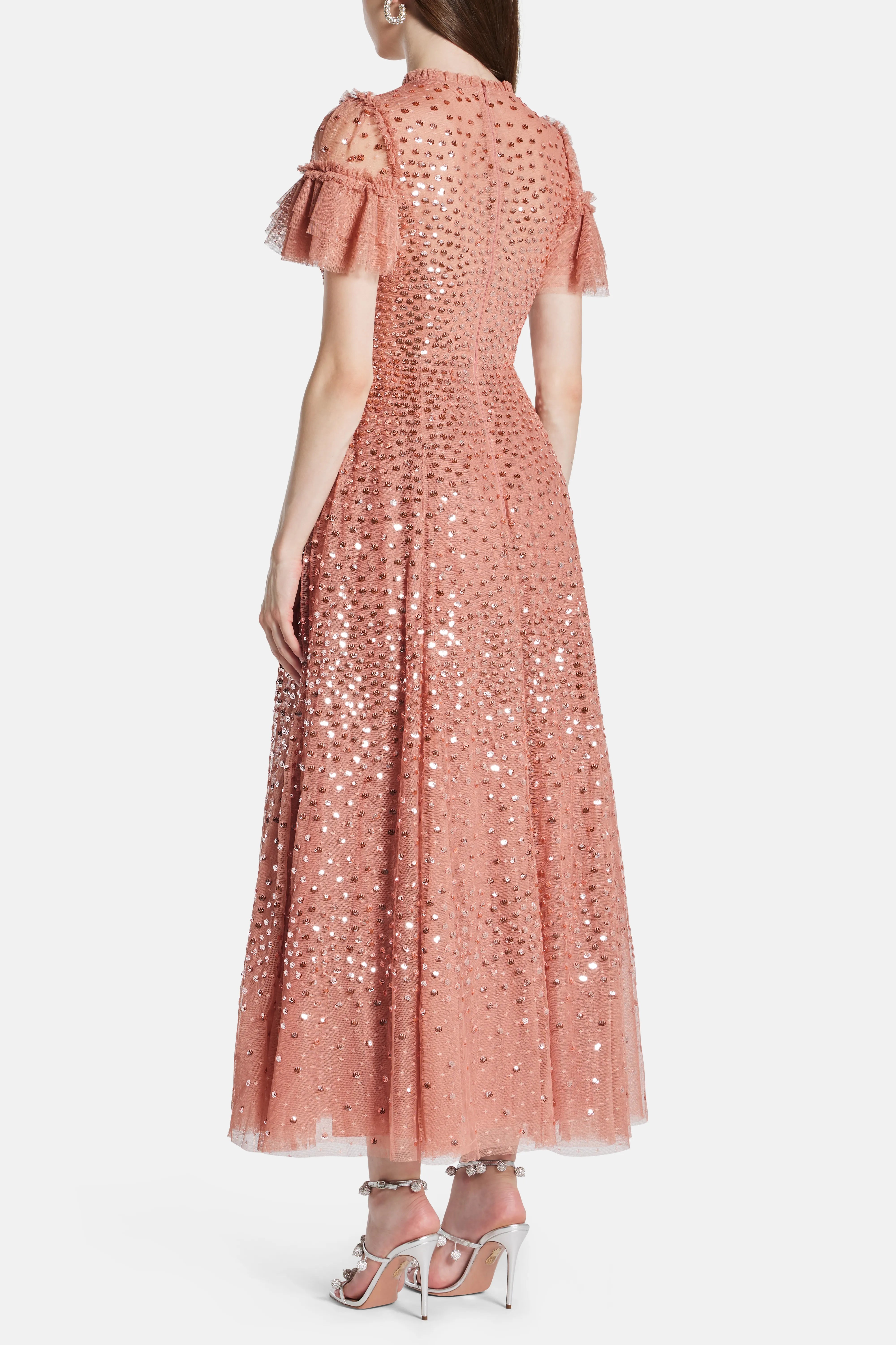 Scatter Dot Round Neck Short Sleeves Evening Dress in Pink