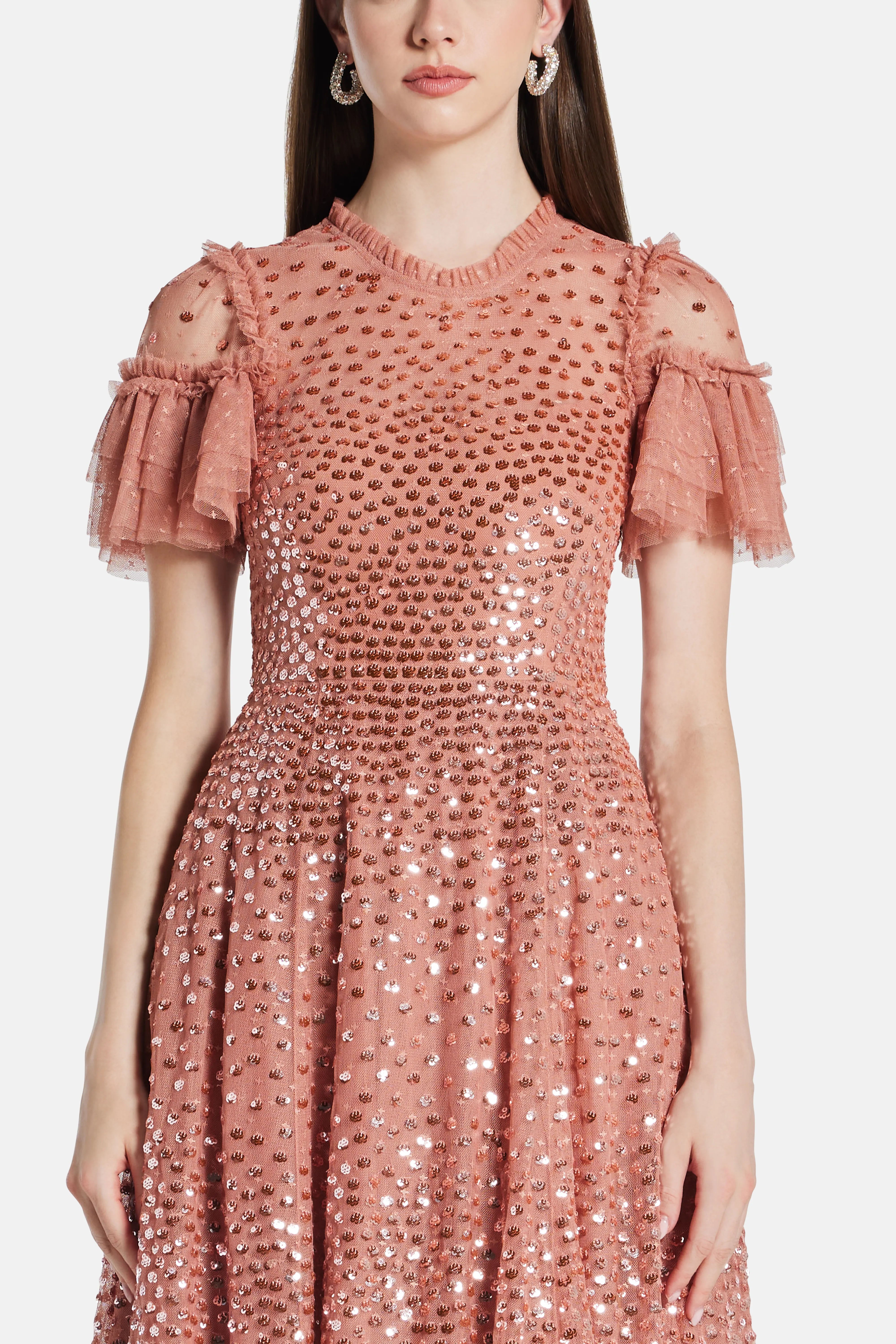 Scatter Dot Round Neck Short Sleeves Evening Dress in Pink