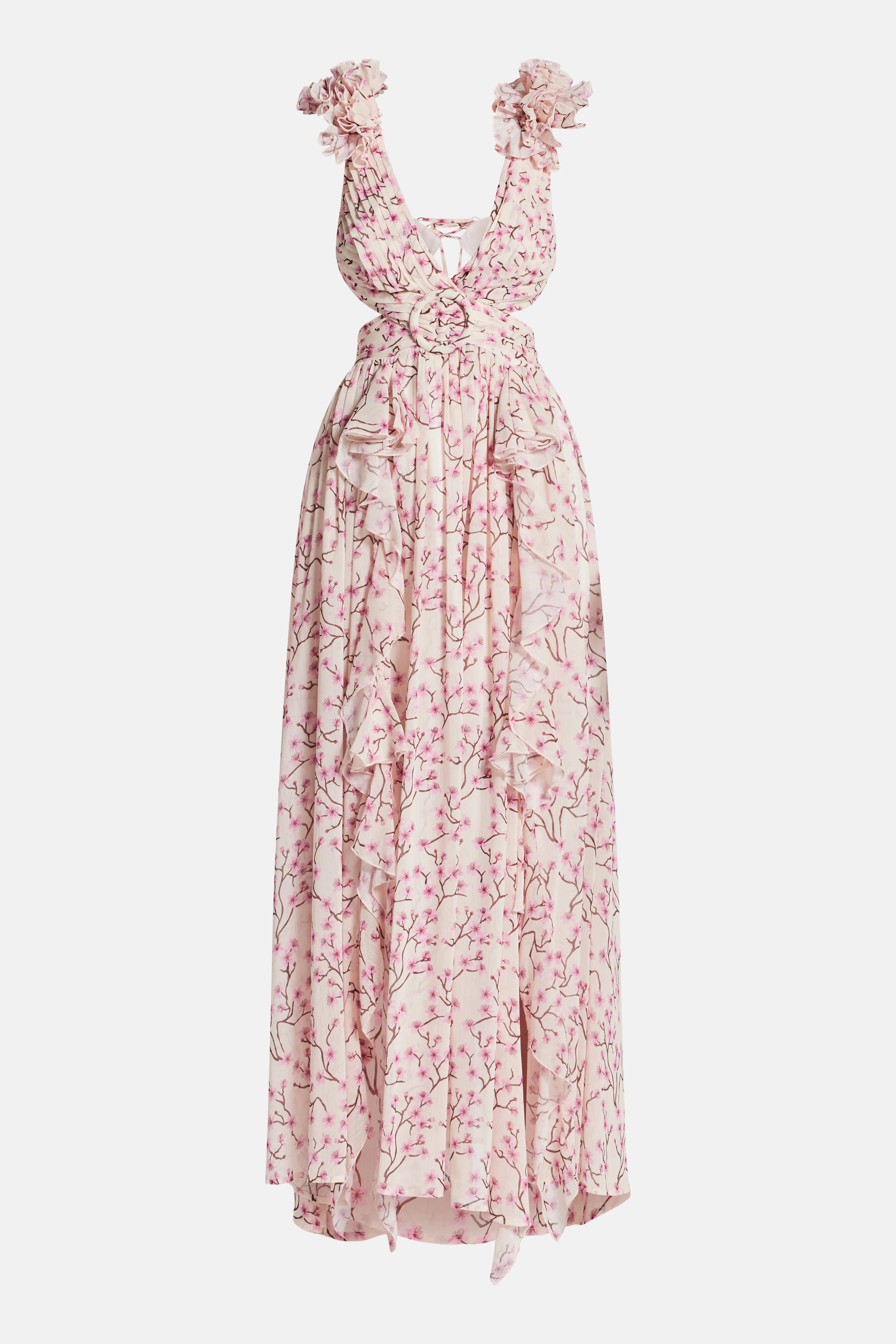 Cassini Flutter Sleeve Cut Out Lace Back Maxi Dress in Pink