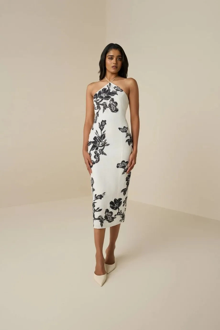 Aahi Floral Halter Neck Linen Midi Dress in White