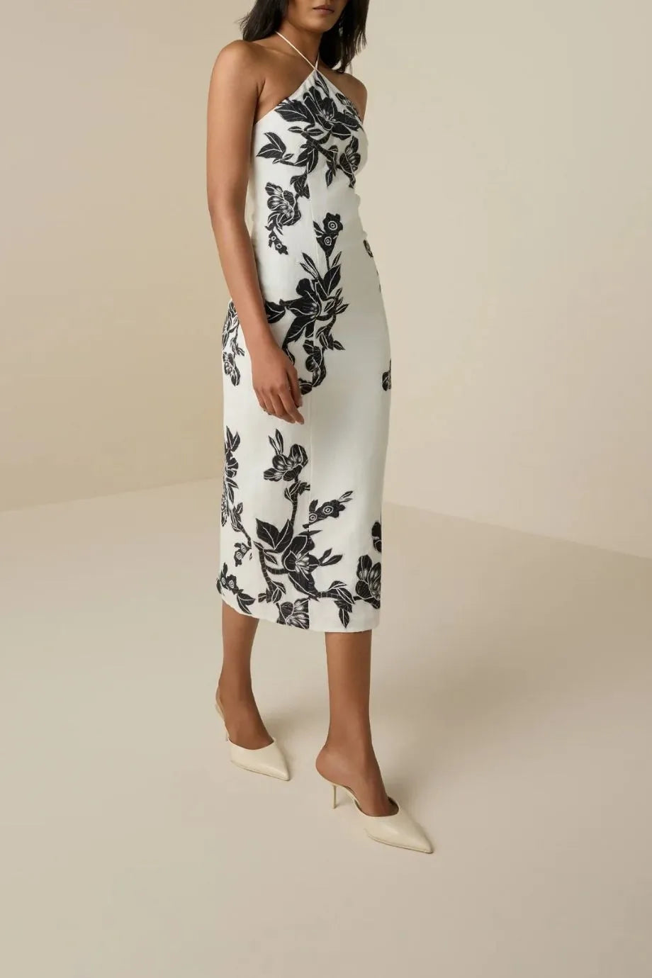 Aahi Floral Halter Neck Linen Midi Dress in White