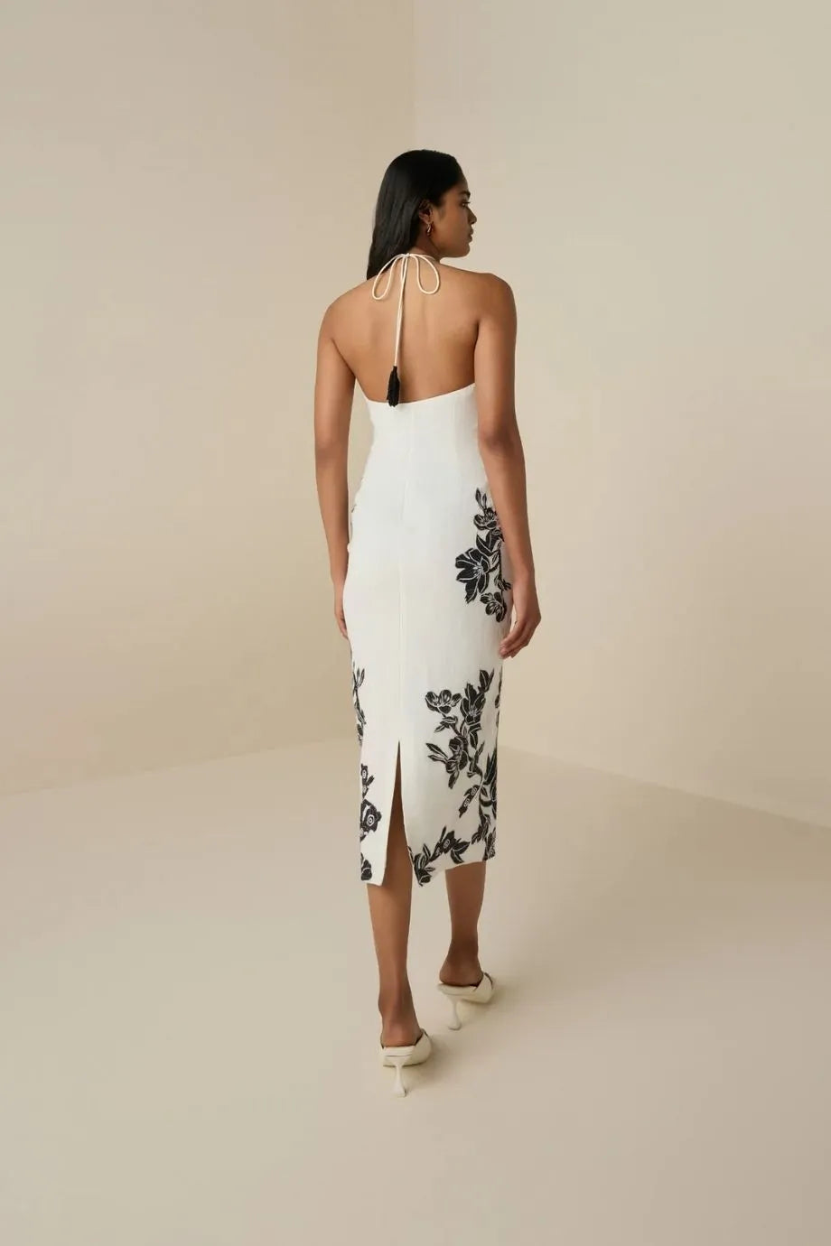 Aahi Floral Halter Neck Linen Midi Dress in White