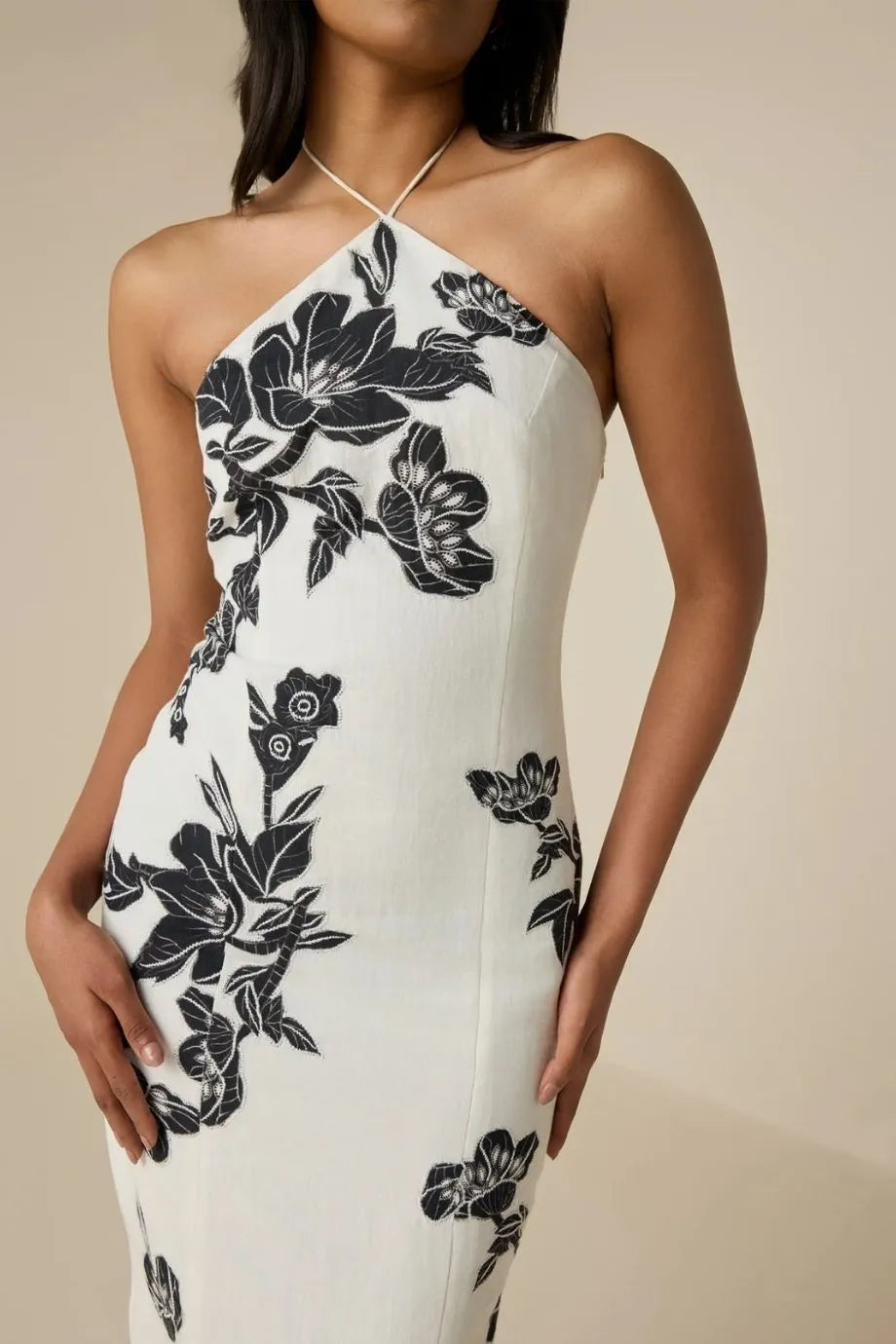 Aahi Floral Halter Neck Linen Midi Dress in White