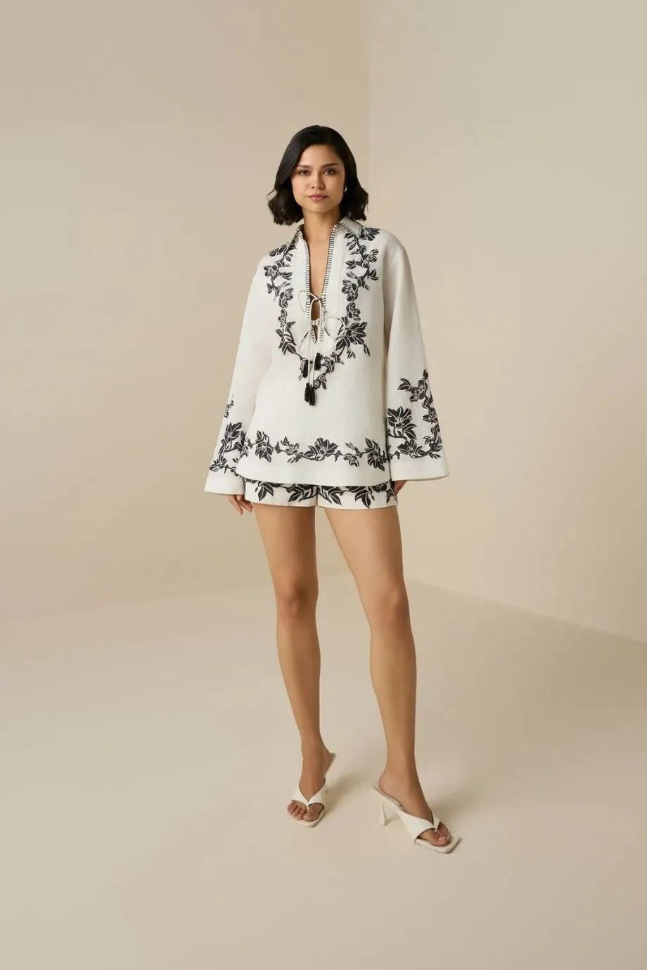 Aahi Floral Long Sleeves Linen Blouse in White
