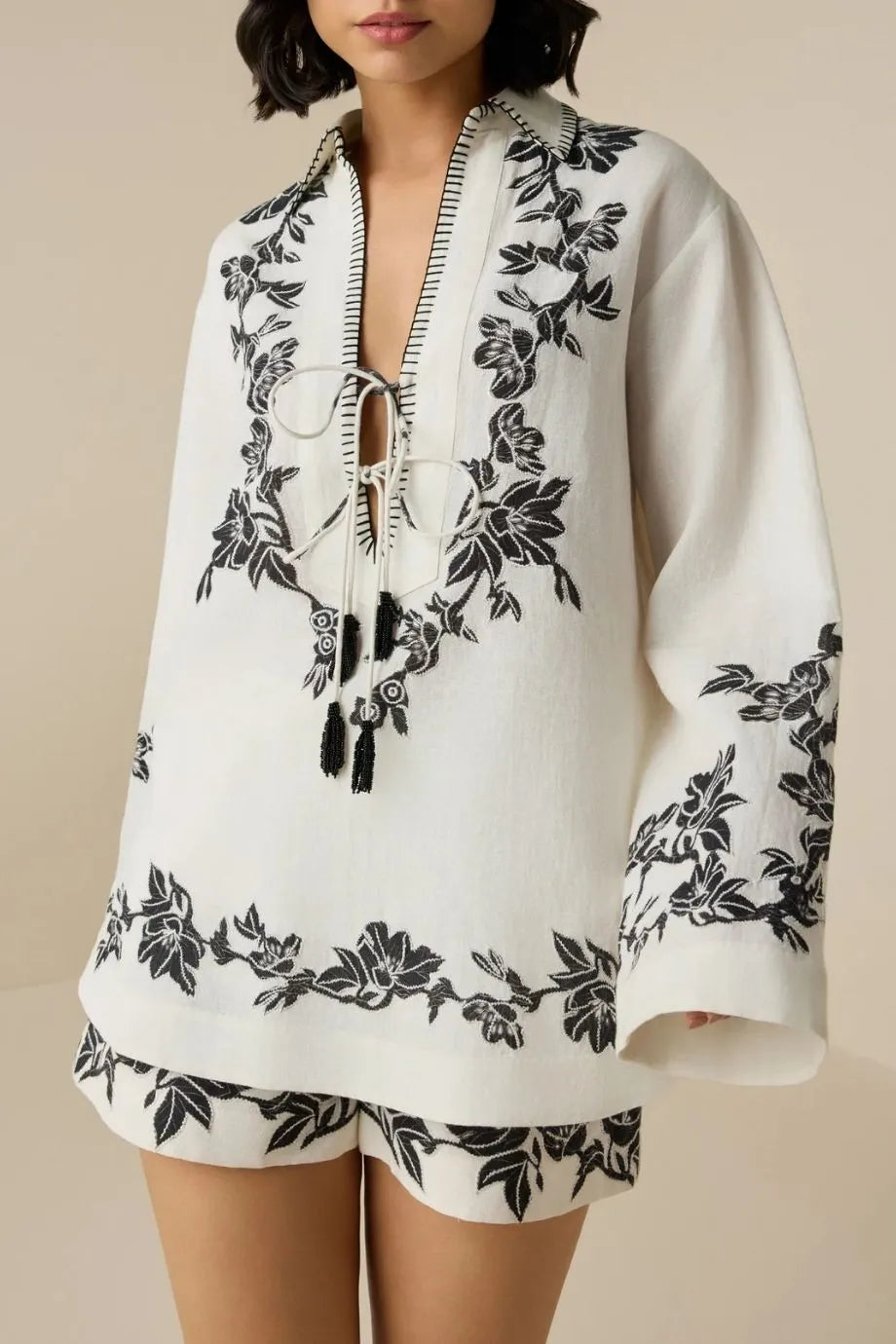 Aahi Floral Linen Drawstring Shorts in White