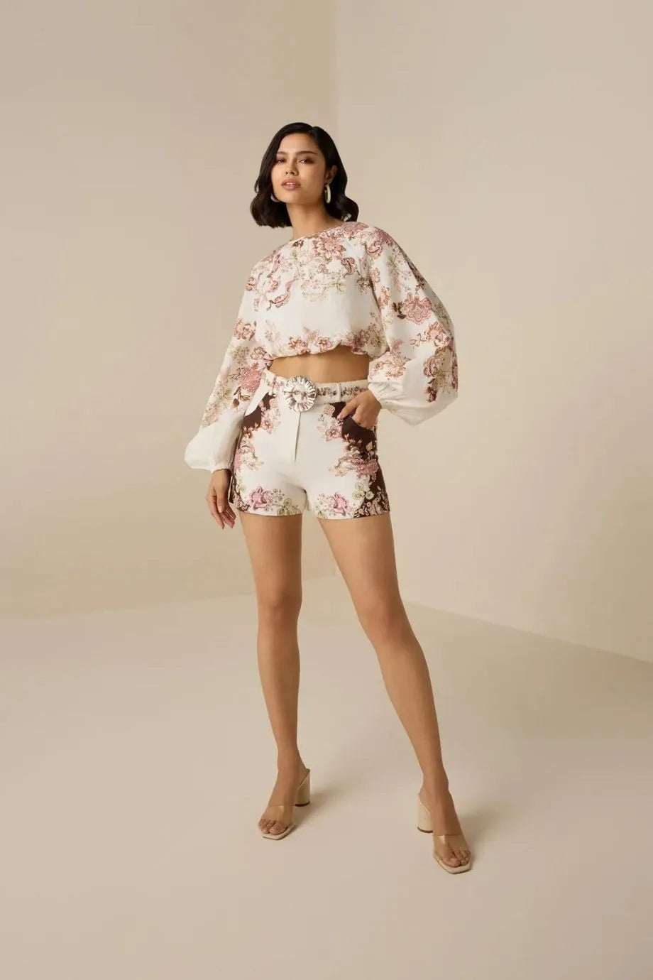 Diza Floral Linen Belted Shorts in White