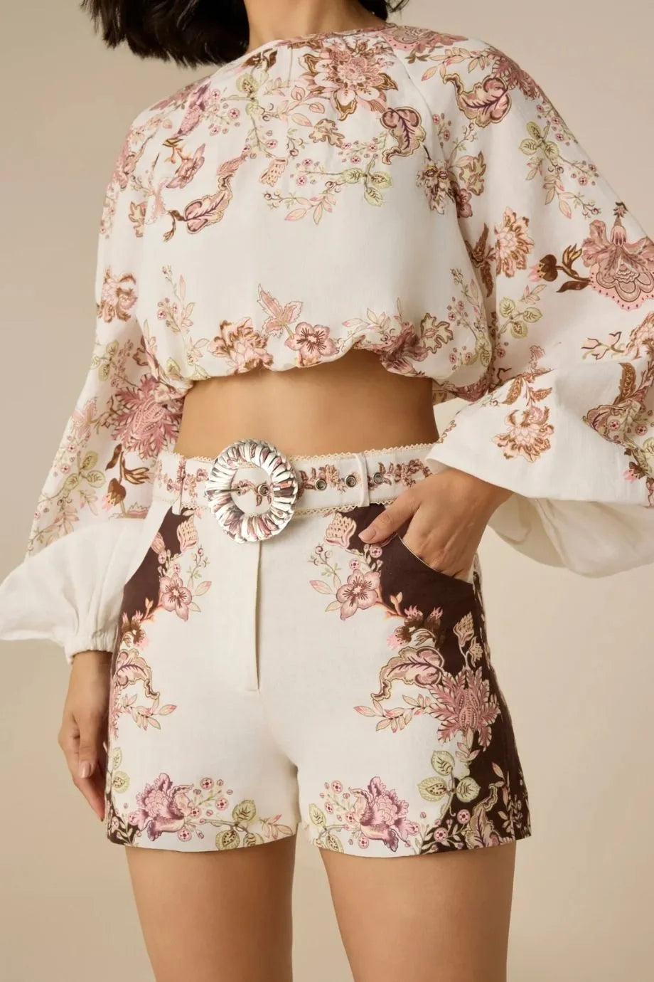 Diza Floral Linen Belted Shorts in White